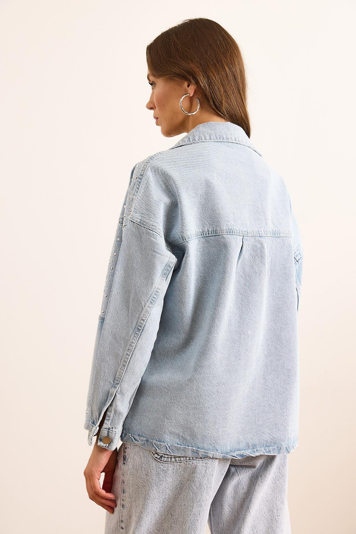Serpme Taş Detaylı Cepli Denim Gömlek Ceket Mavi