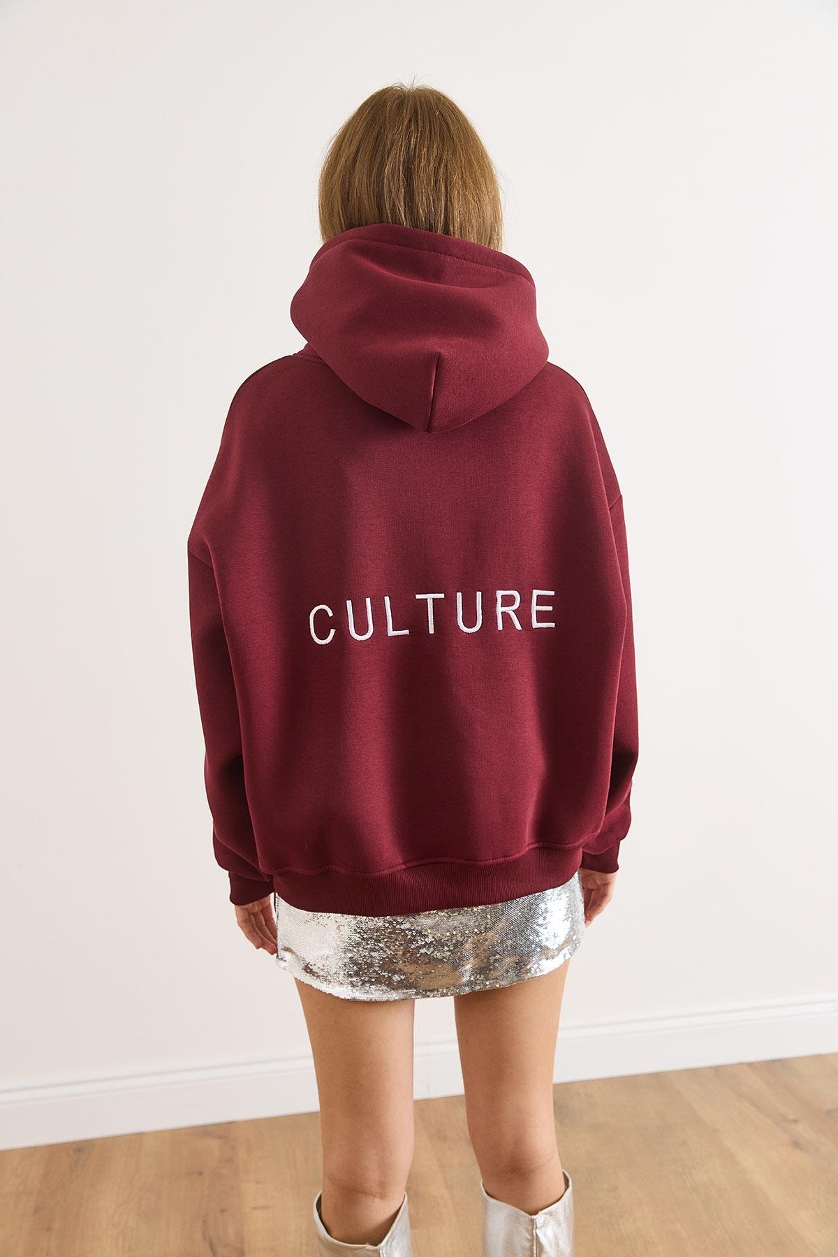 Sırt Culture Nakışlı Şardonlu Oversize Sweatshirt Bordo