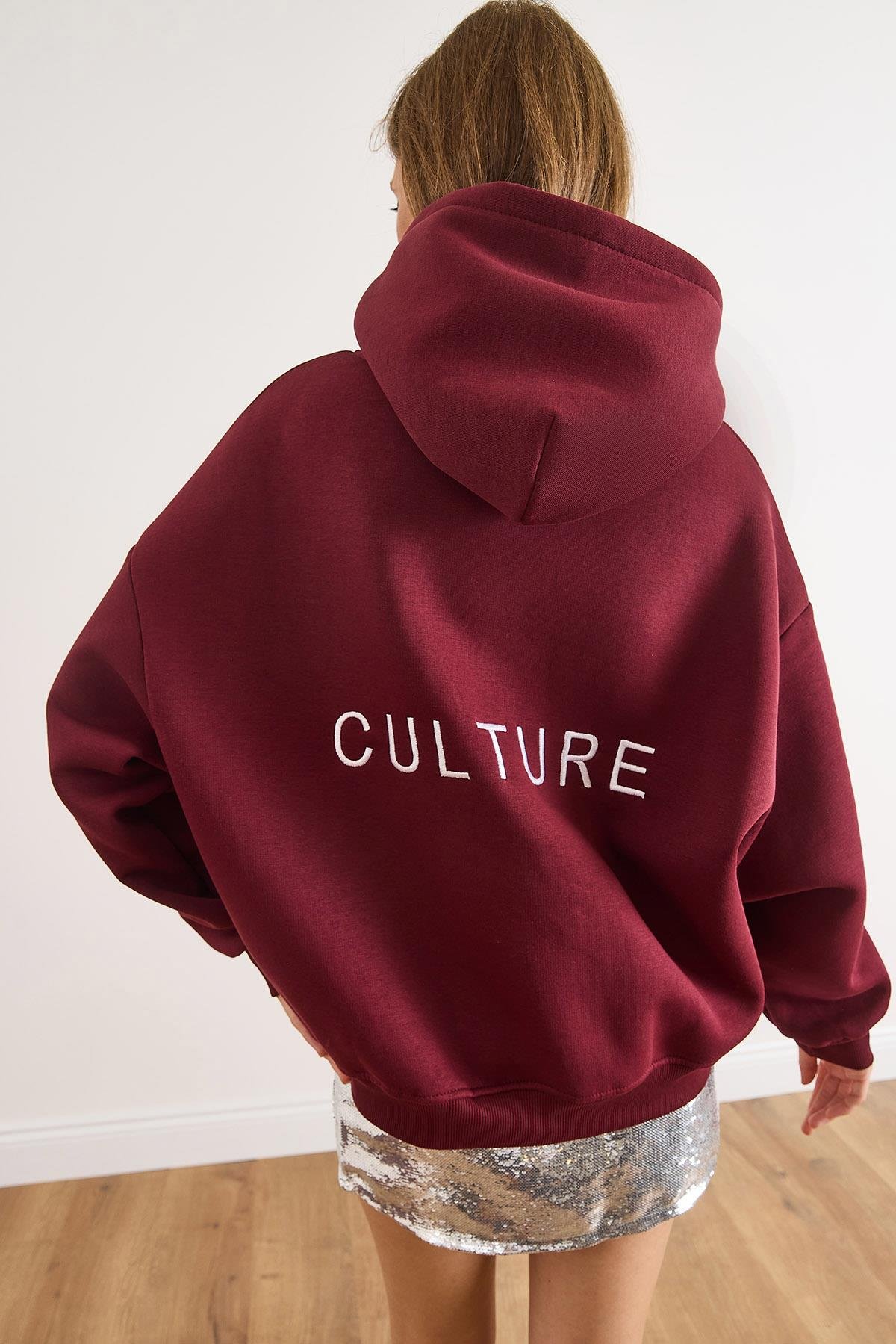 Sırt Culture Nakışlı Şardonlu Oversize Sweatshirt Bordo