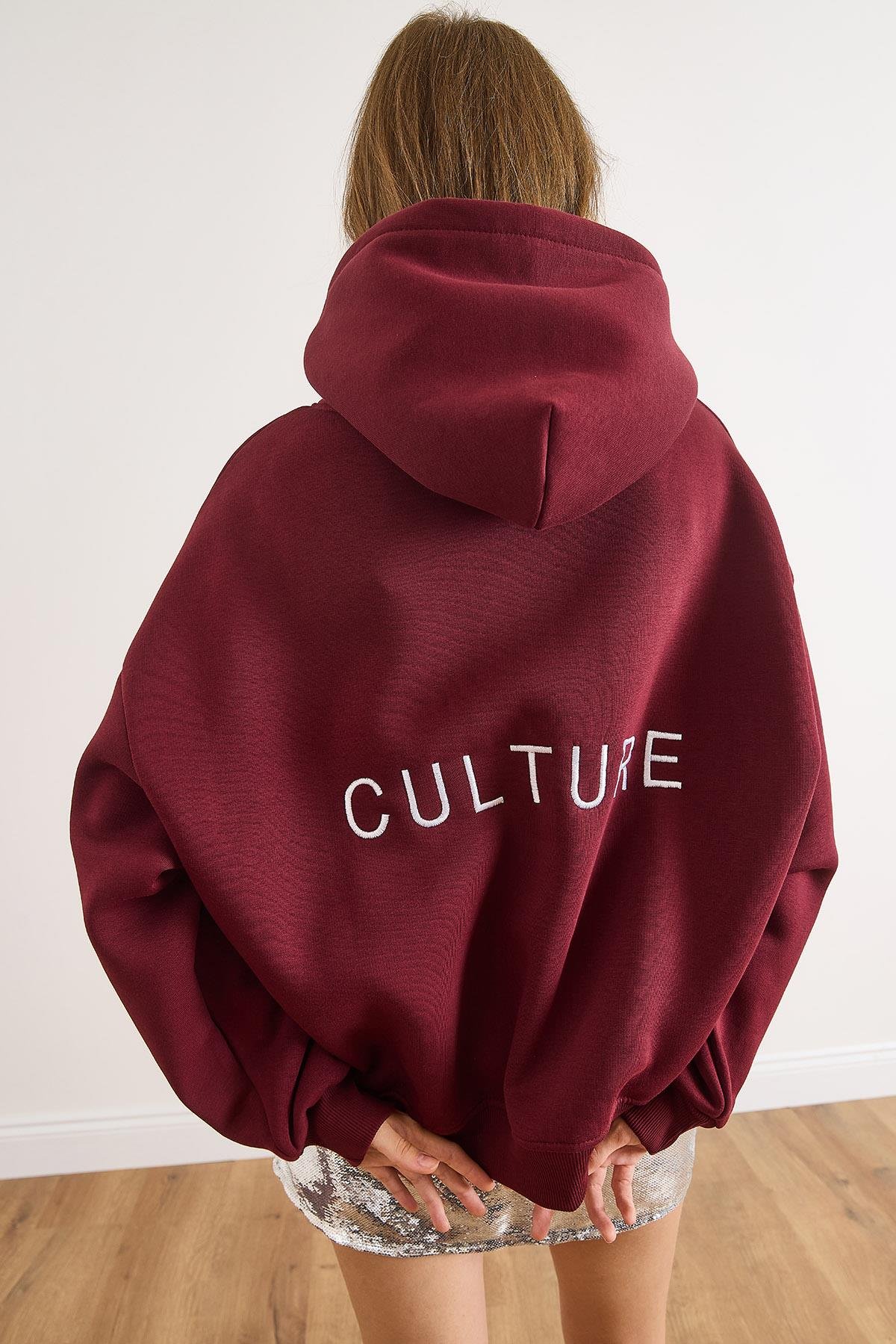 Sırt Culture Nakışlı Şardonlu Oversize Sweatshirt Bordo