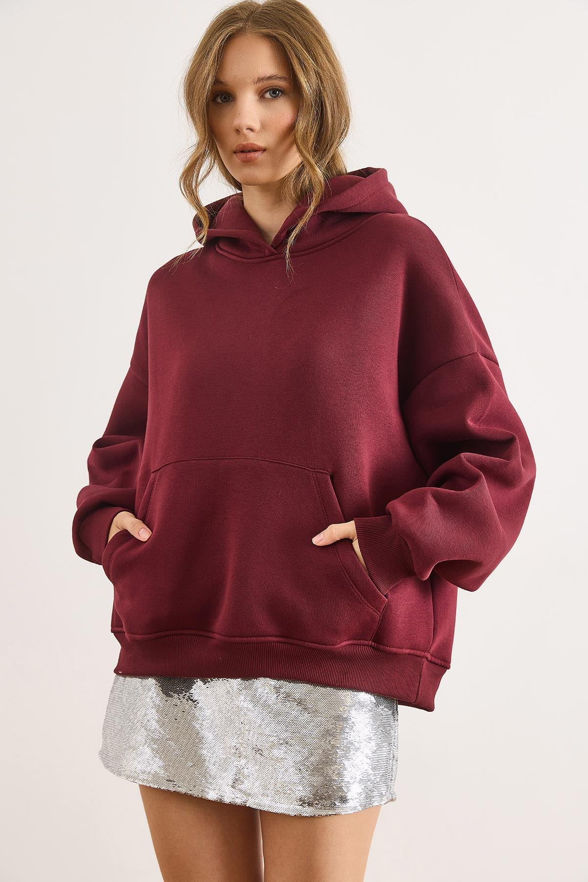 Sırt Culture Nakışlı Şardonlu Oversize Sweatshirt Bordo