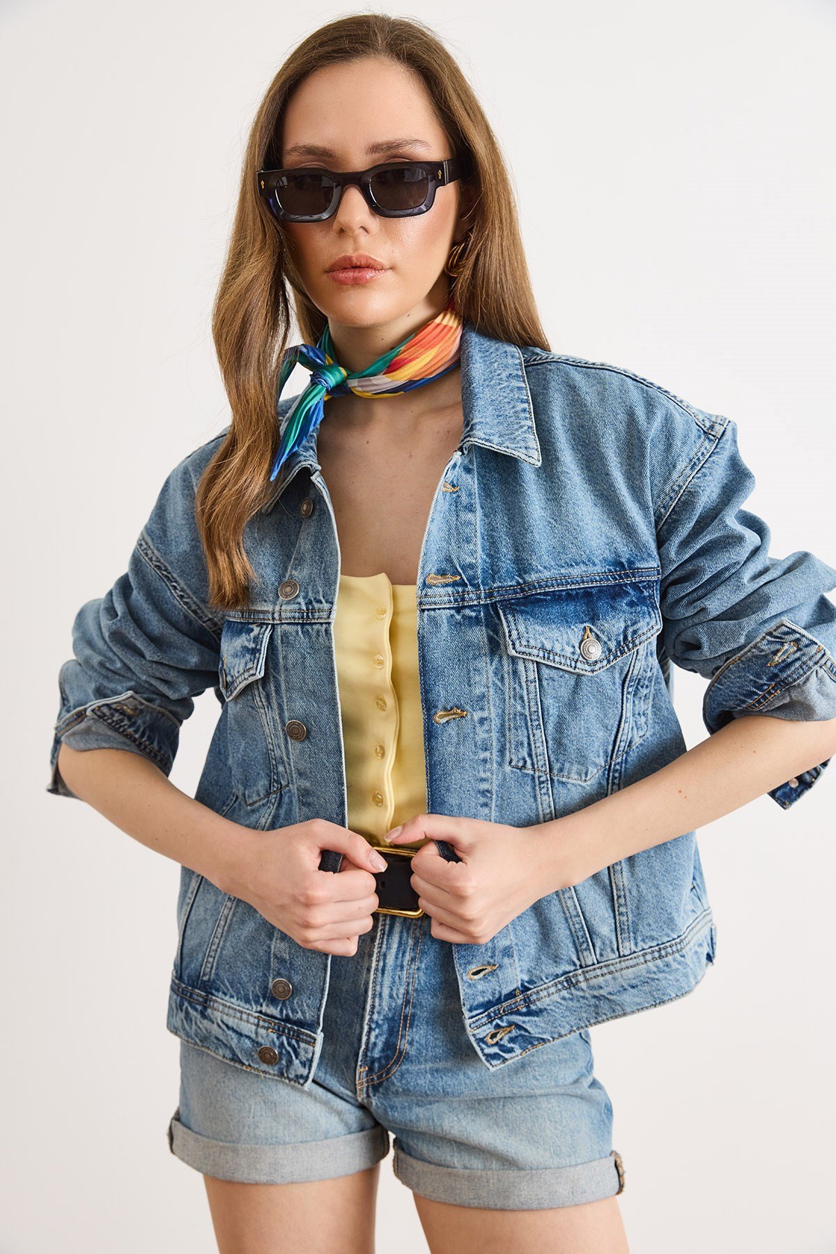 Sırtı Aplike Denim Ceket Mavi