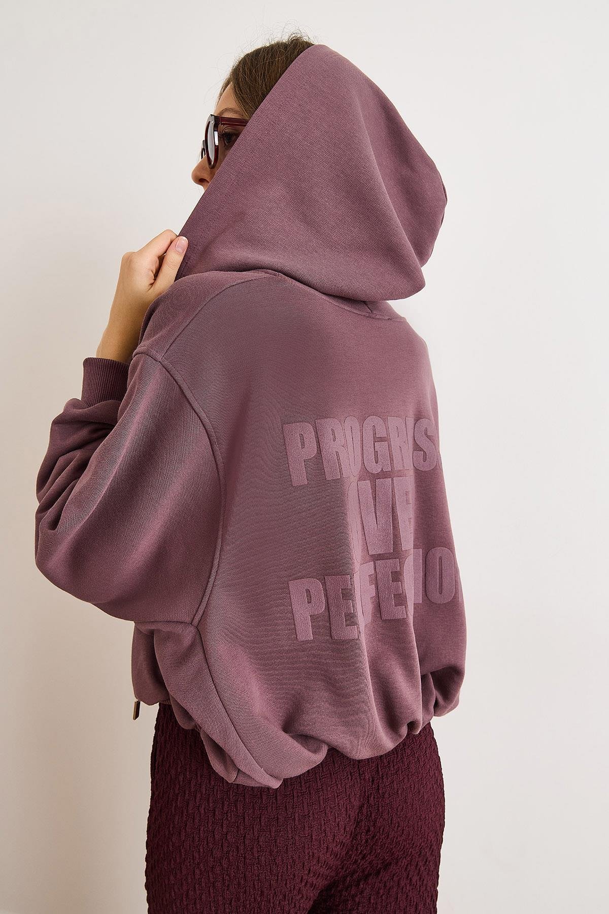 Sırtı Baskılı Gizli Cepli Trend Şardonsuz Kalın Sweatshirt Mürdüm