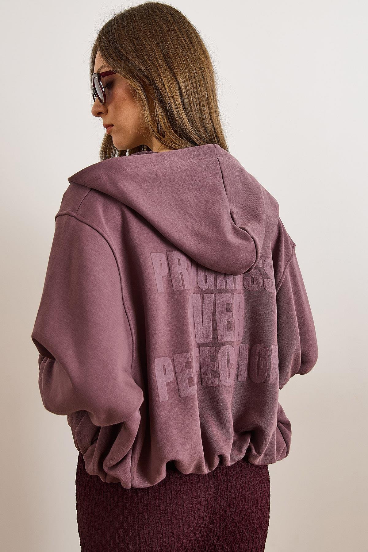 Sırtı Baskılı Gizli Cepli Trend Şardonsuz Kalın Sweatshirt Mürdüm