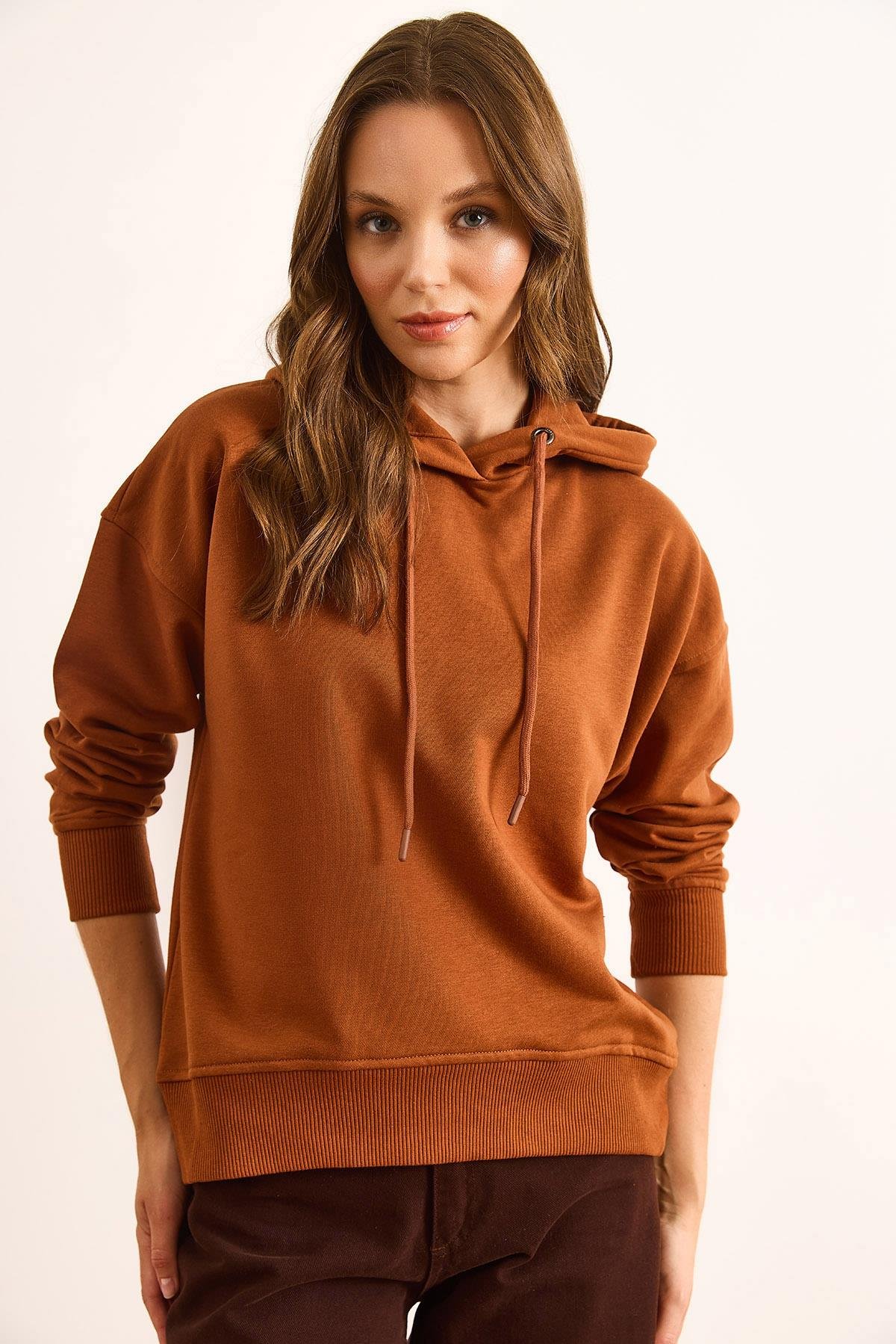 Sırtı Baskılı Kapüşonlu Oversize 2 İp Sweatshirt Kiremit