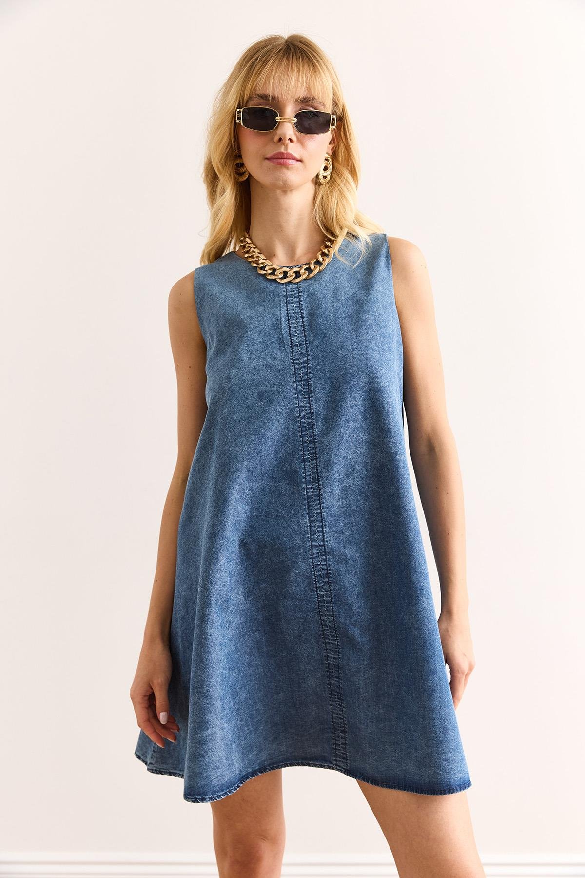 Sırtı Fermuarlı Dikiş Detaylı Denim Çan Elbise Mavi
