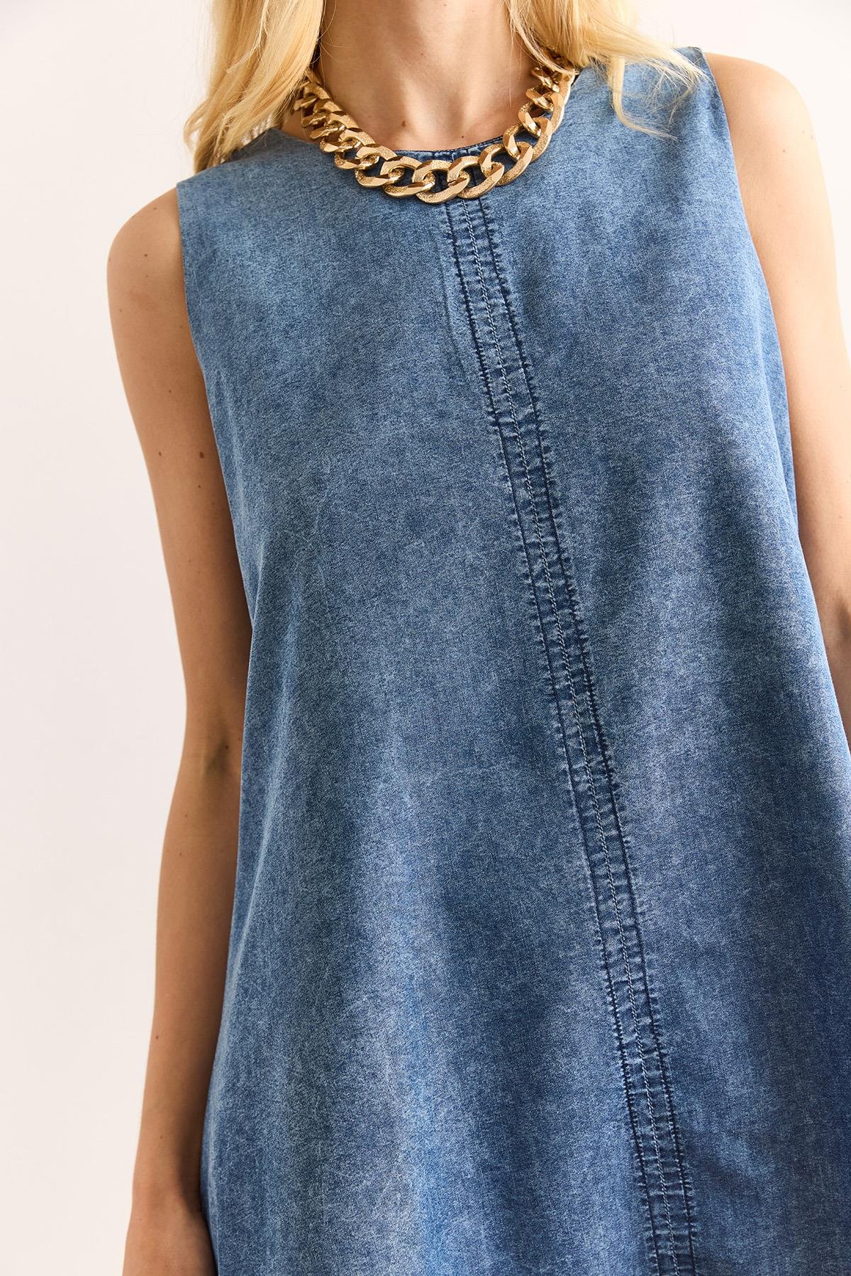 Sırtı Fermuarlı Dikiş Detaylı Denim Çan Elbise Mavi