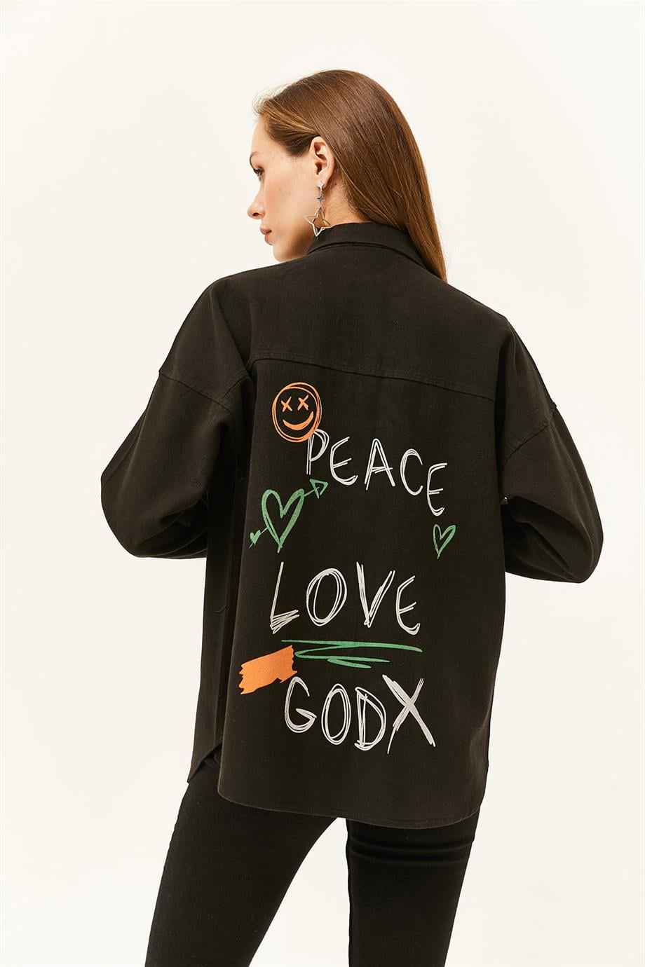 Sırtı Peace Baskılı Cepli Pamuk Gabardin Gömlek Siyah