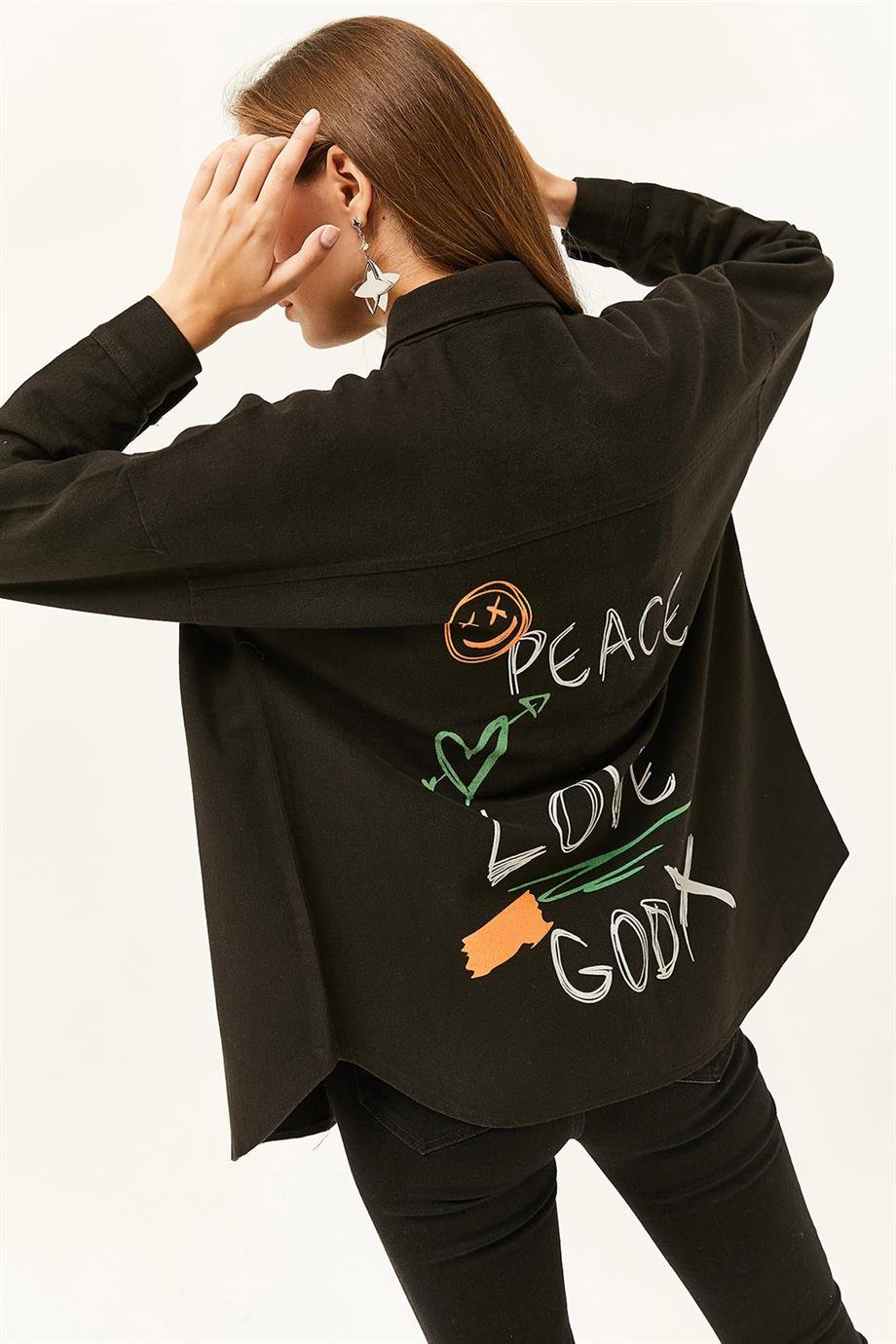 Sırtı Peace Baskılı Cepli Pamuk Gabardin Gömlek Siyah