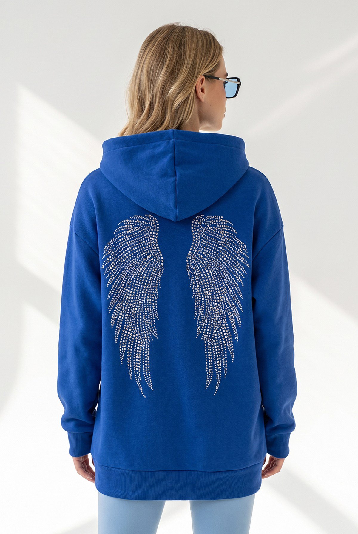 Sırtı Taş Kanat Detaylı Oversize Sweatshirt Saks Mavi