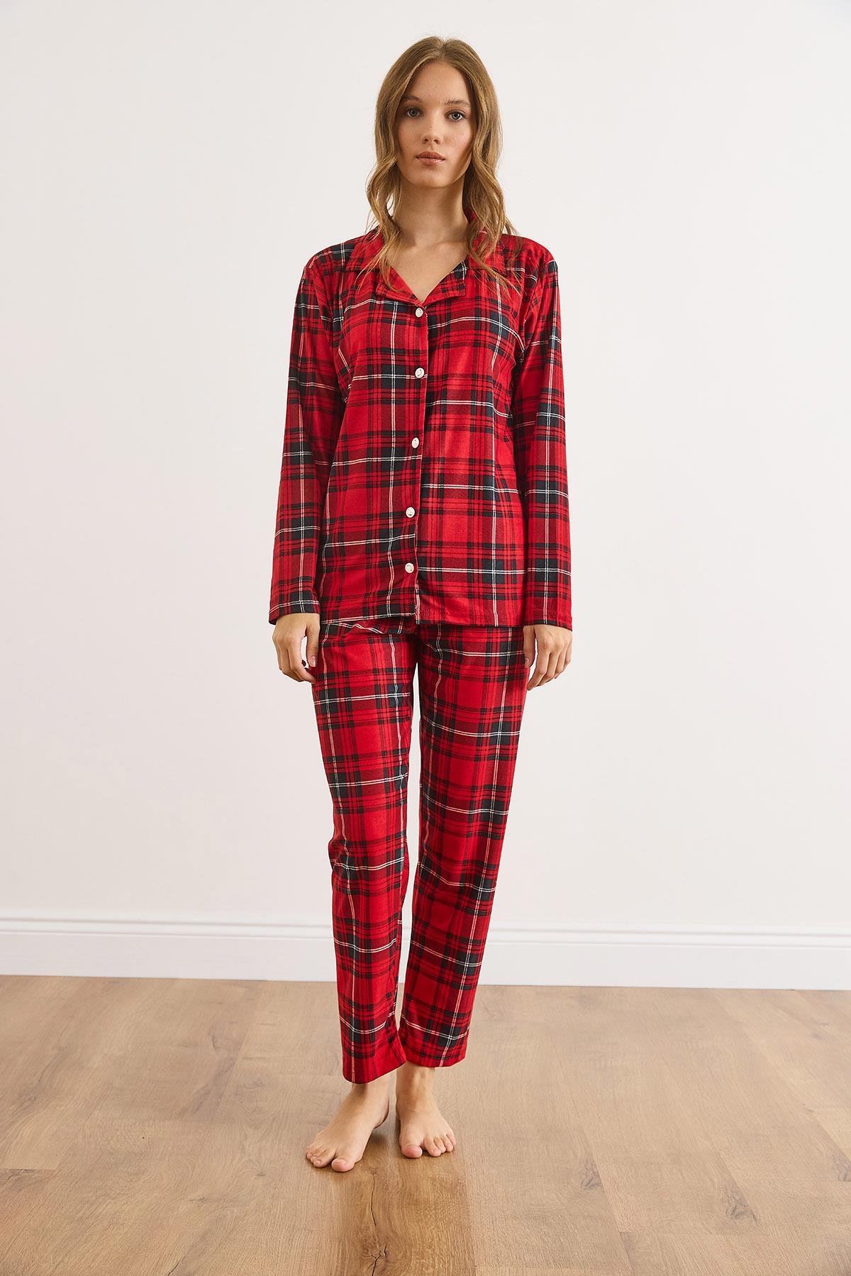 Süet Dokulu Pijama Takımı Ekose Kırmızı