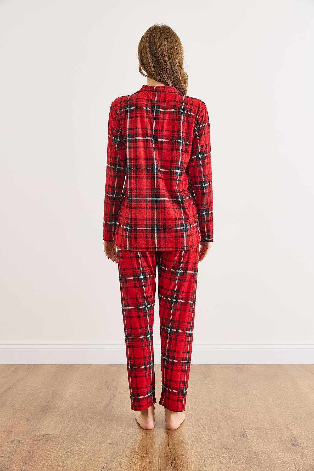 Süet Dokulu Pijama Takımı Ekose Kırmızı