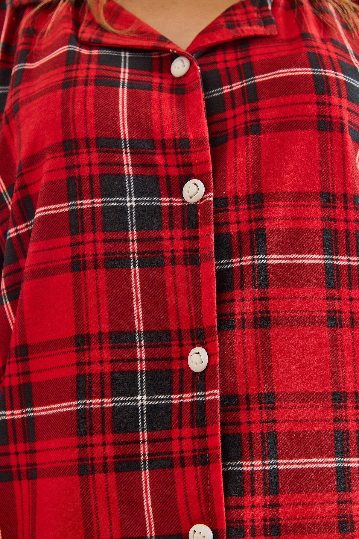 Süet Dokulu Pijama Takımı Ekose Kırmızı