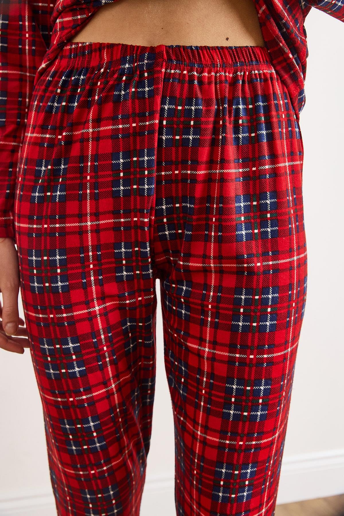 Süet Dokulu Pijama Takımı Lacivert Kırmızı