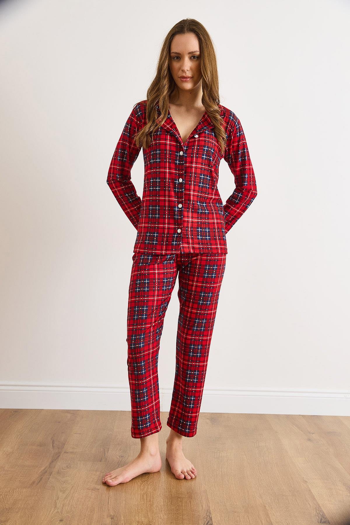 Süet Dokulu Pijama Takımı Lacivert Kırmızı