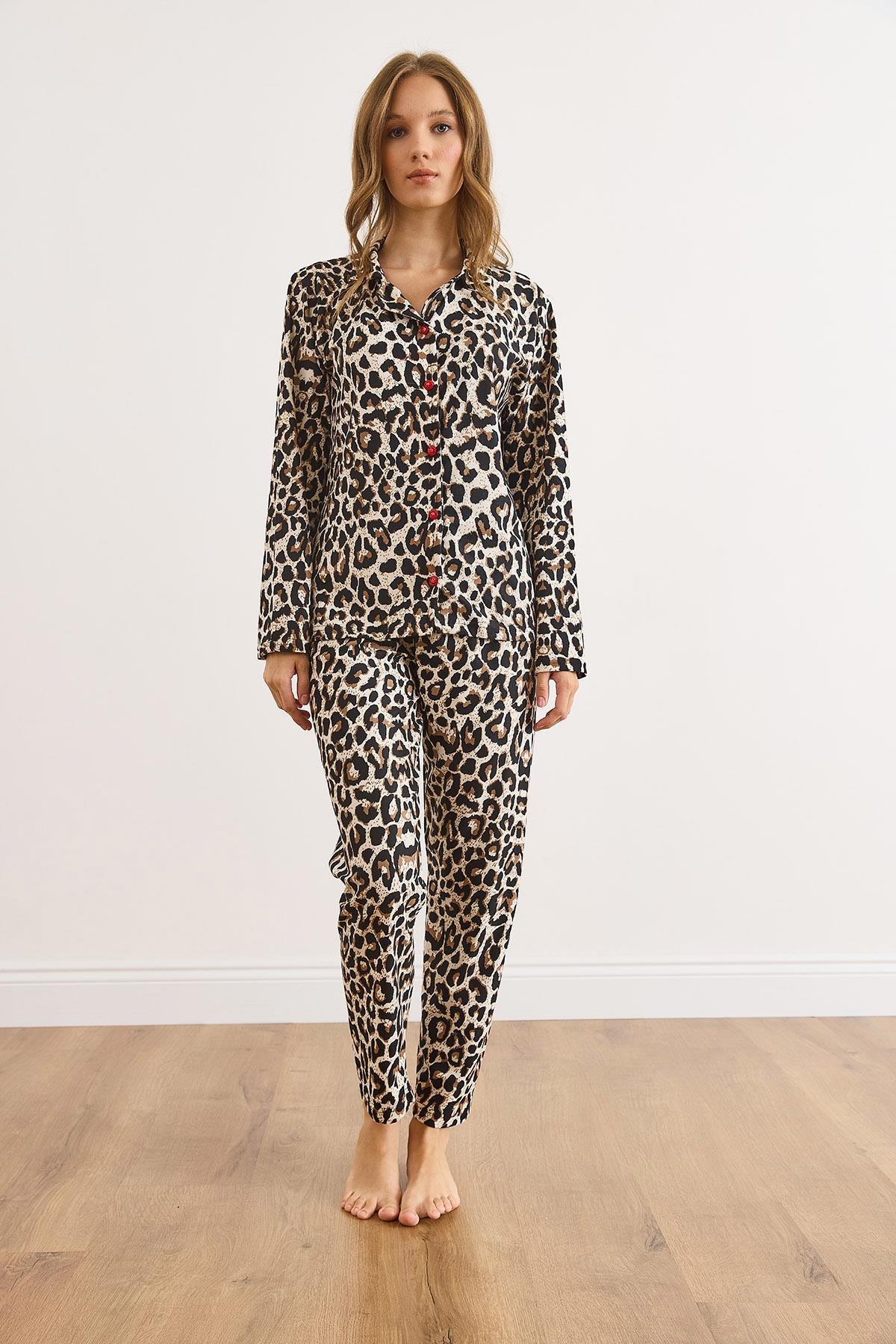 Süet Dokulu Pijama Takımı Leopar Taş