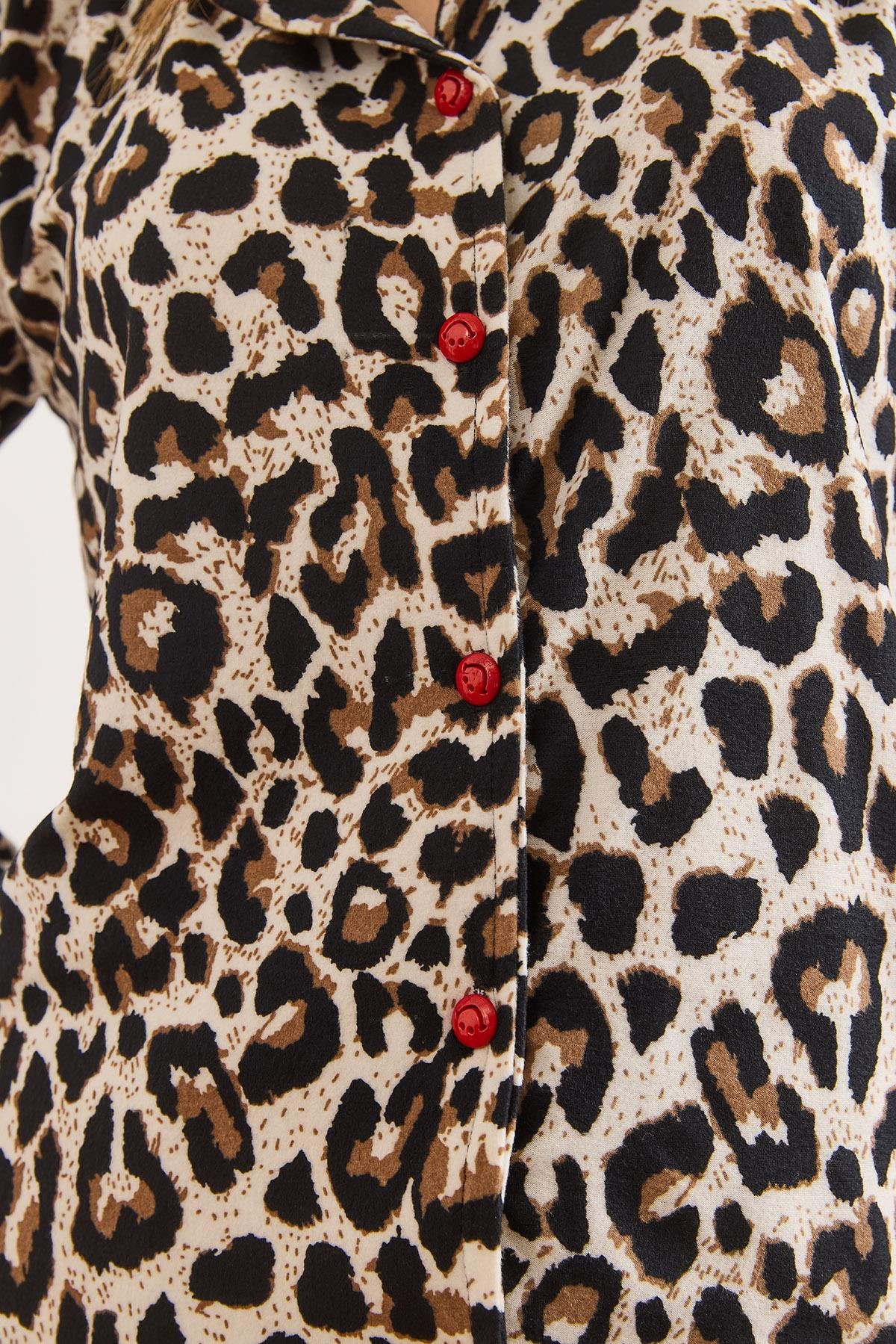 Süet Dokulu Pijama Takımı Leopar Taş