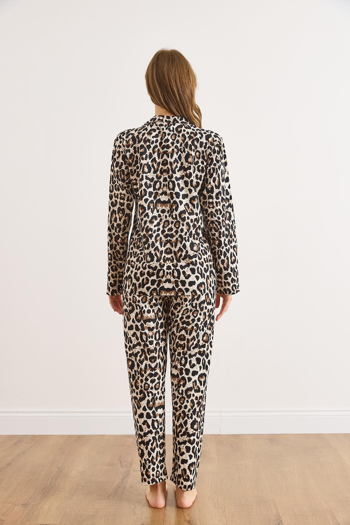 Süet Dokulu Pijama Takımı Leopar Taş