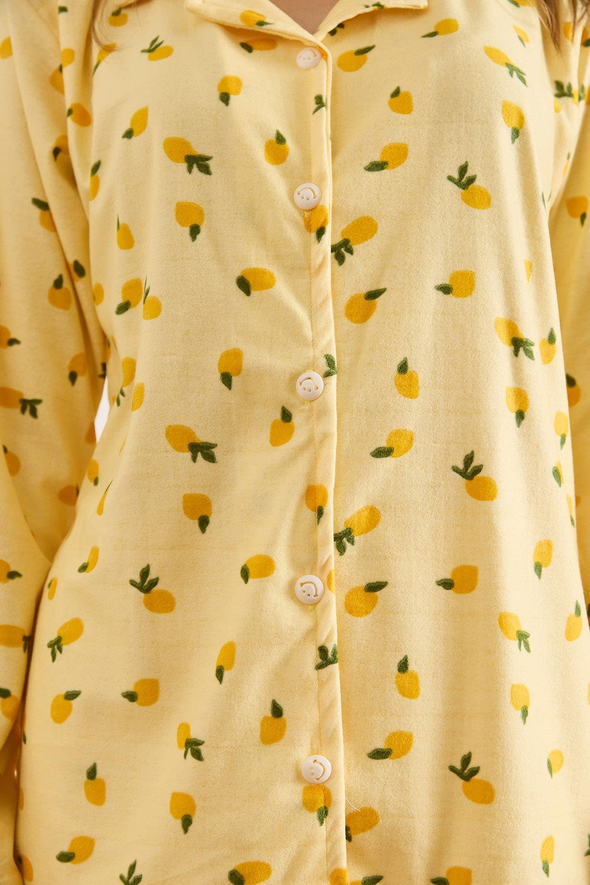 Süet Dokulu Pijama Takımı Limon Sarı