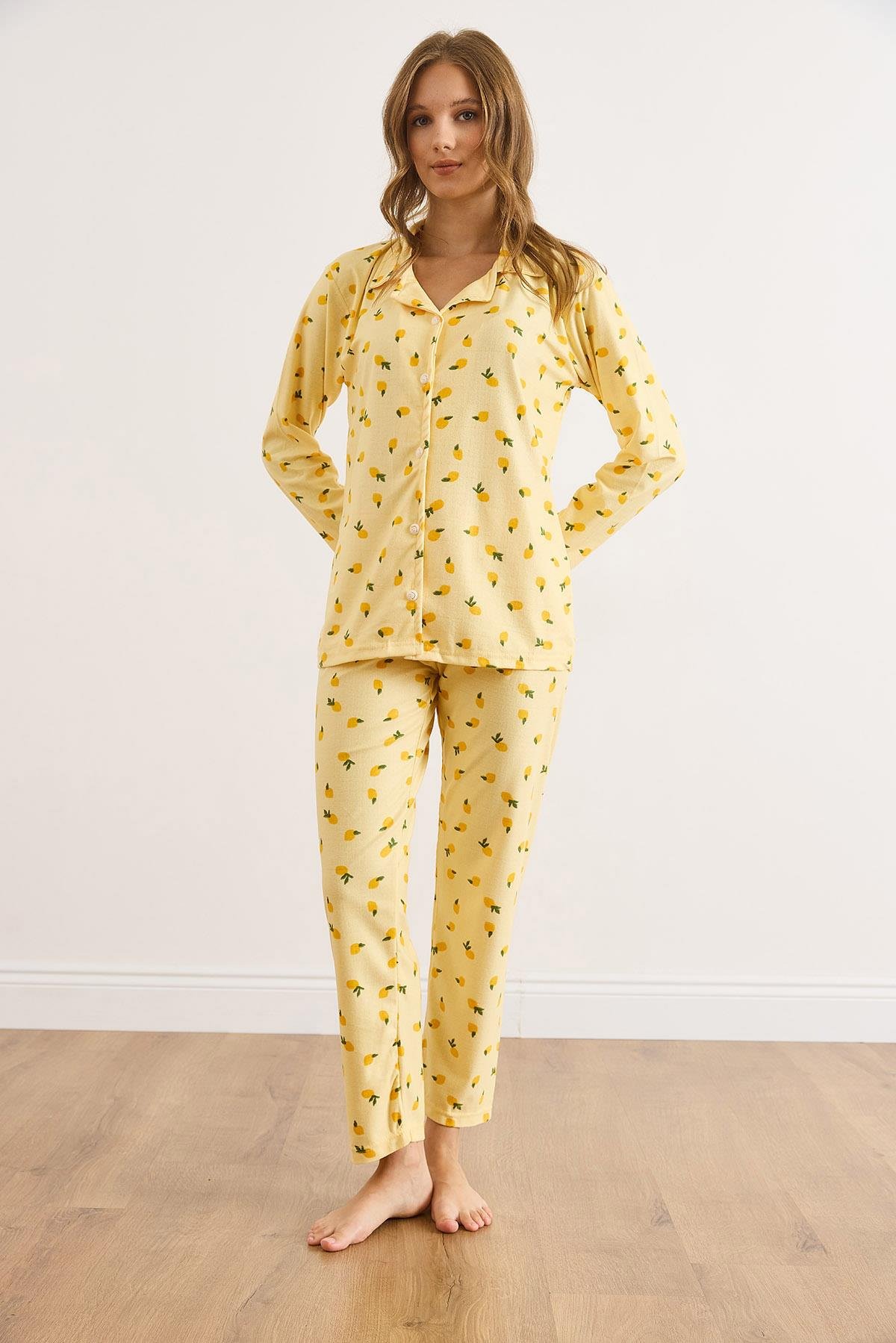 Süet Dokulu Pijama Takımı Limon Sarı
