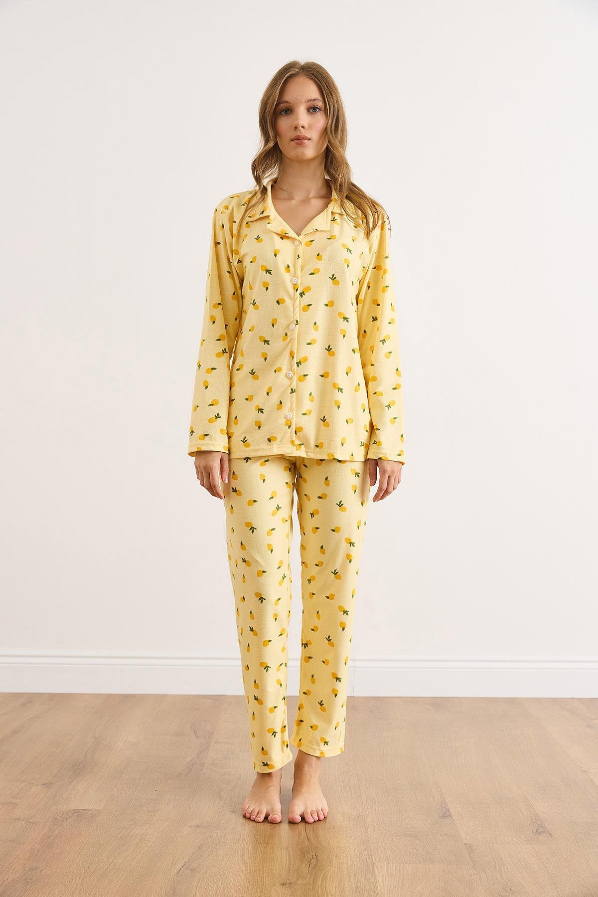 Süet Dokulu Pijama Takımı Limon Sarı