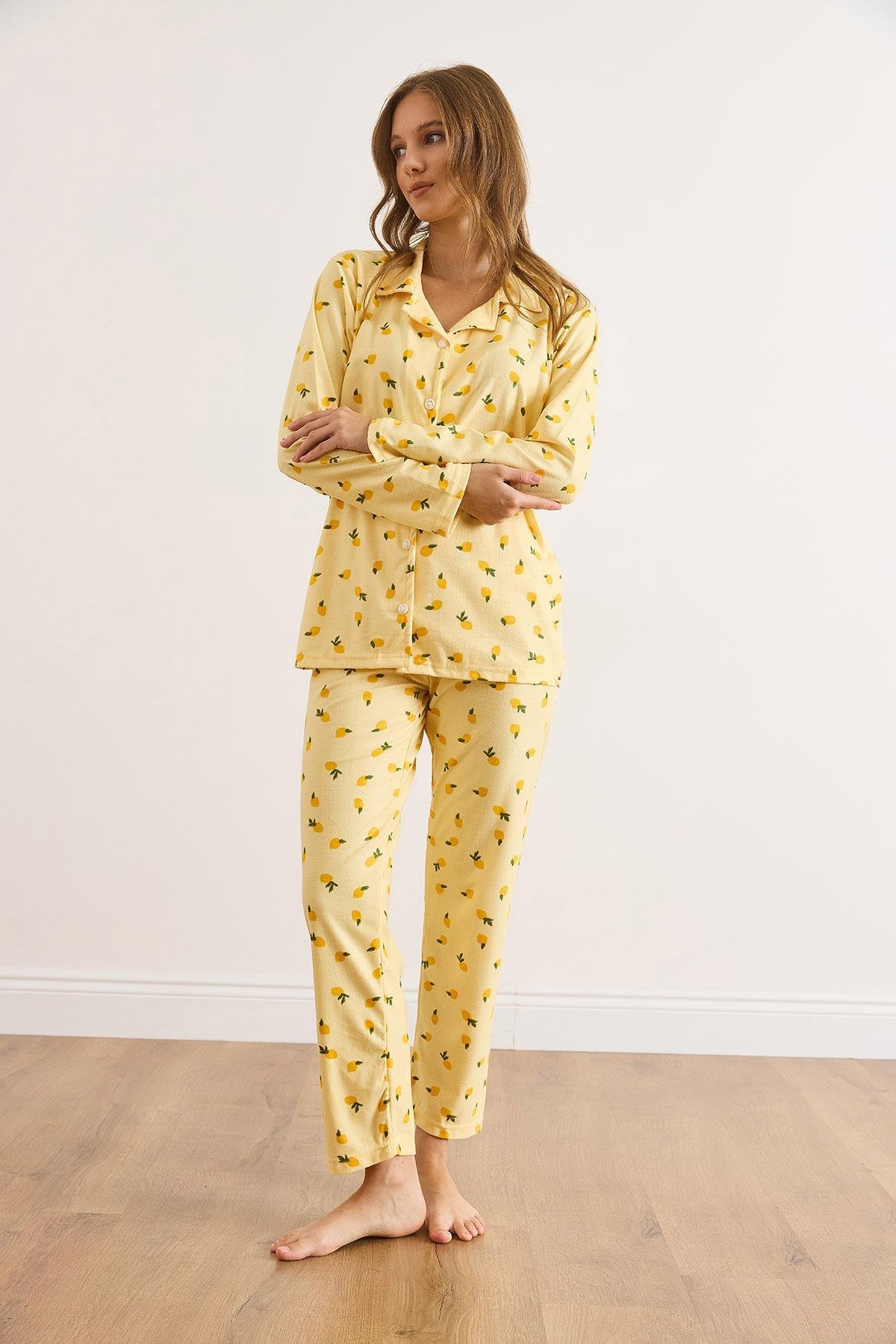 Süet Dokulu Pijama Takımı Limon Sarı