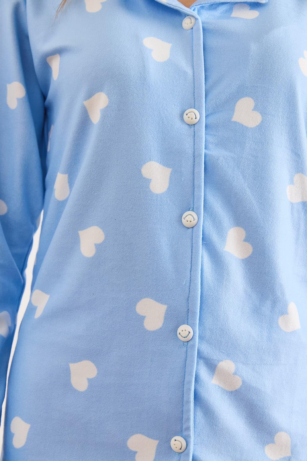 Süet Dokulu Pijama Takımı Mavi Kalp