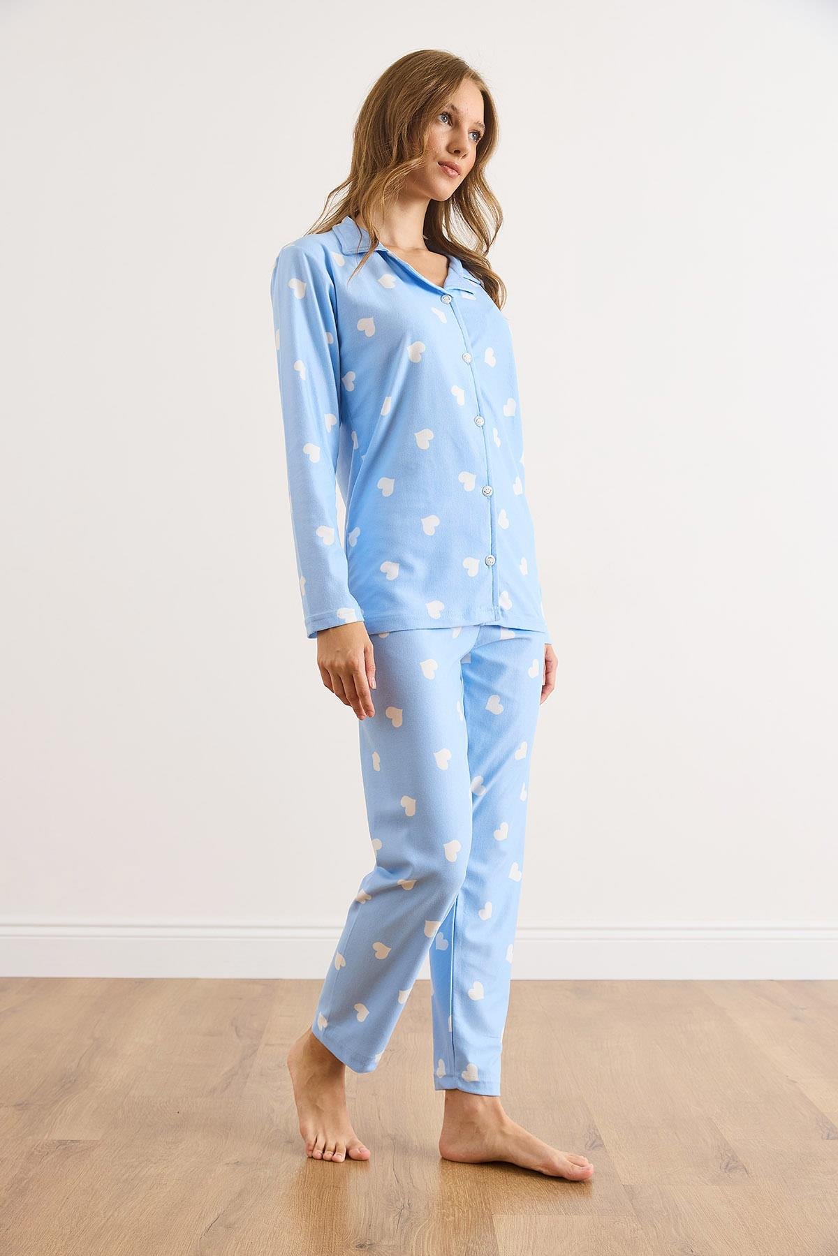 Süet Dokulu Pijama Takımı Mavi Kalp