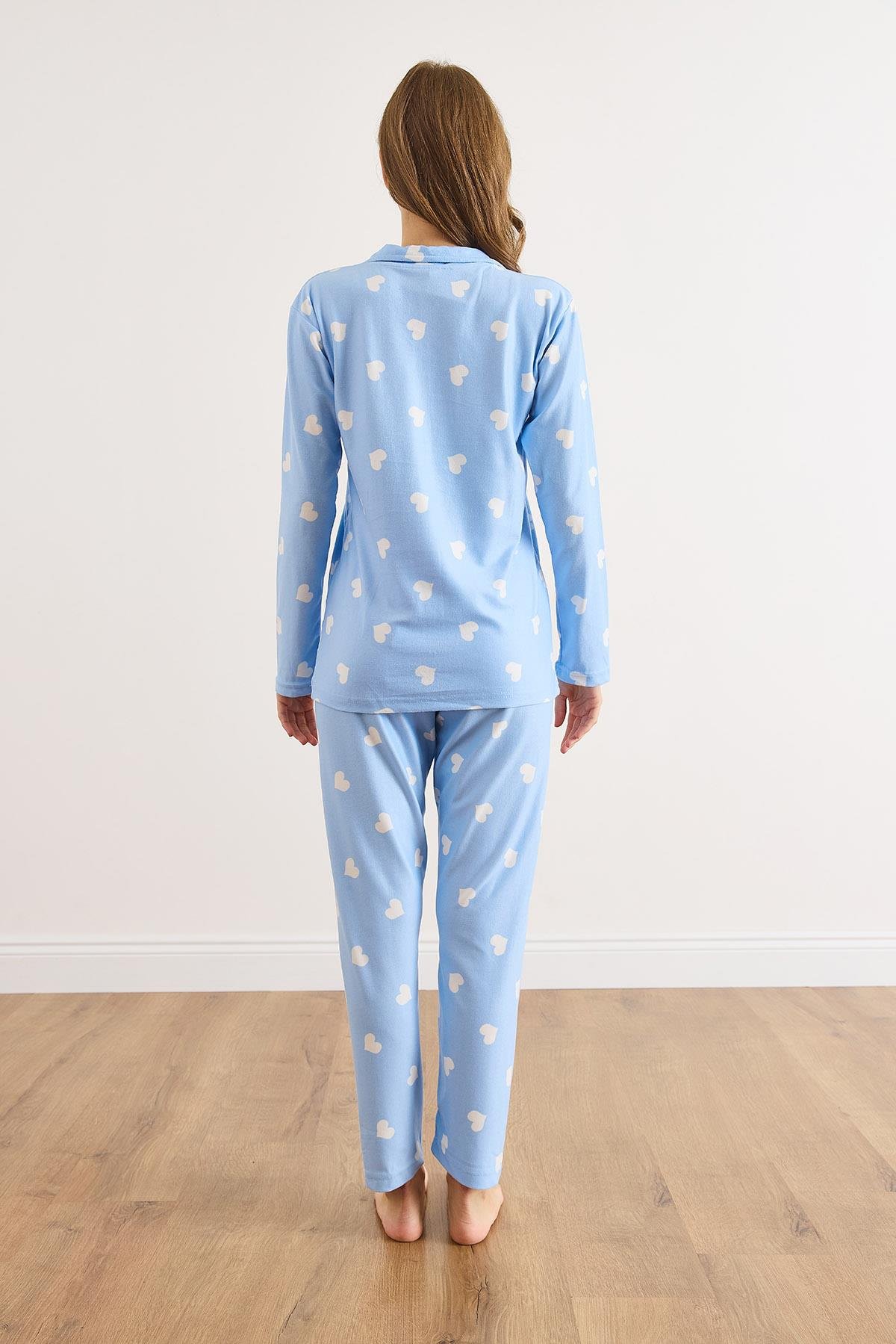 Süet Dokulu Pijama Takımı Mavi Kalp