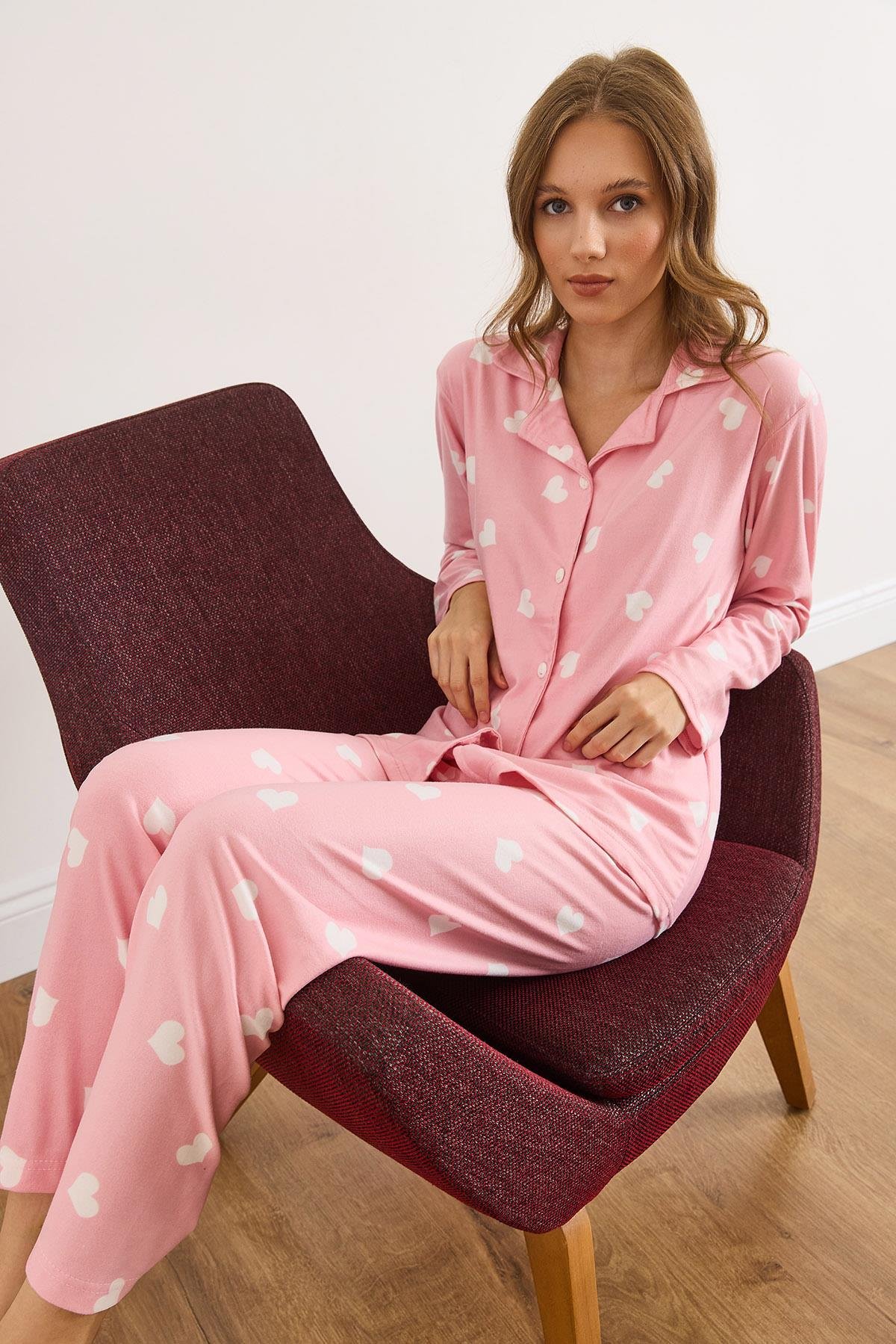 Süet Dokulu Pijama Takımı Pembe Kalp