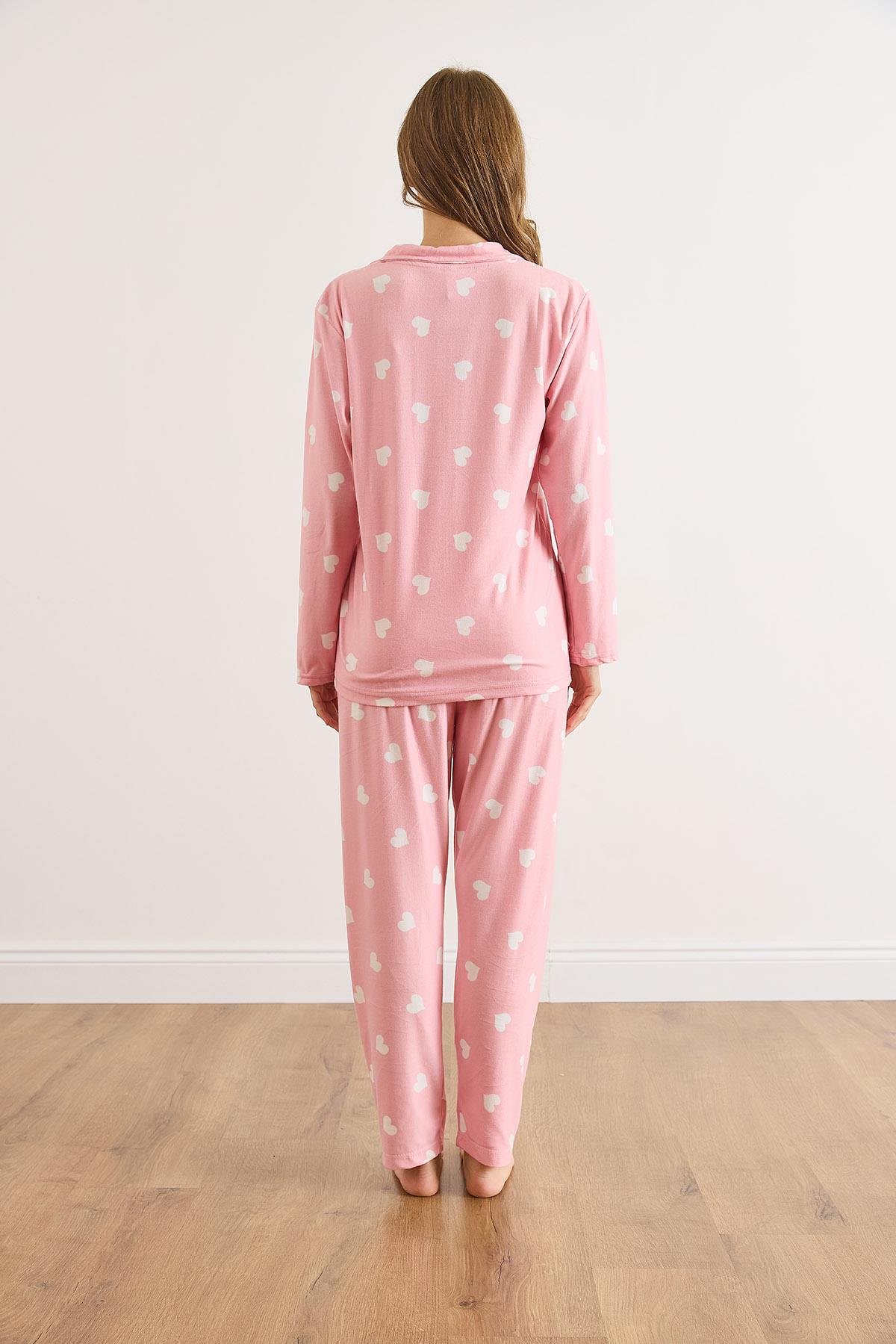 Süet Dokulu Pijama Takımı Pembe Kalp