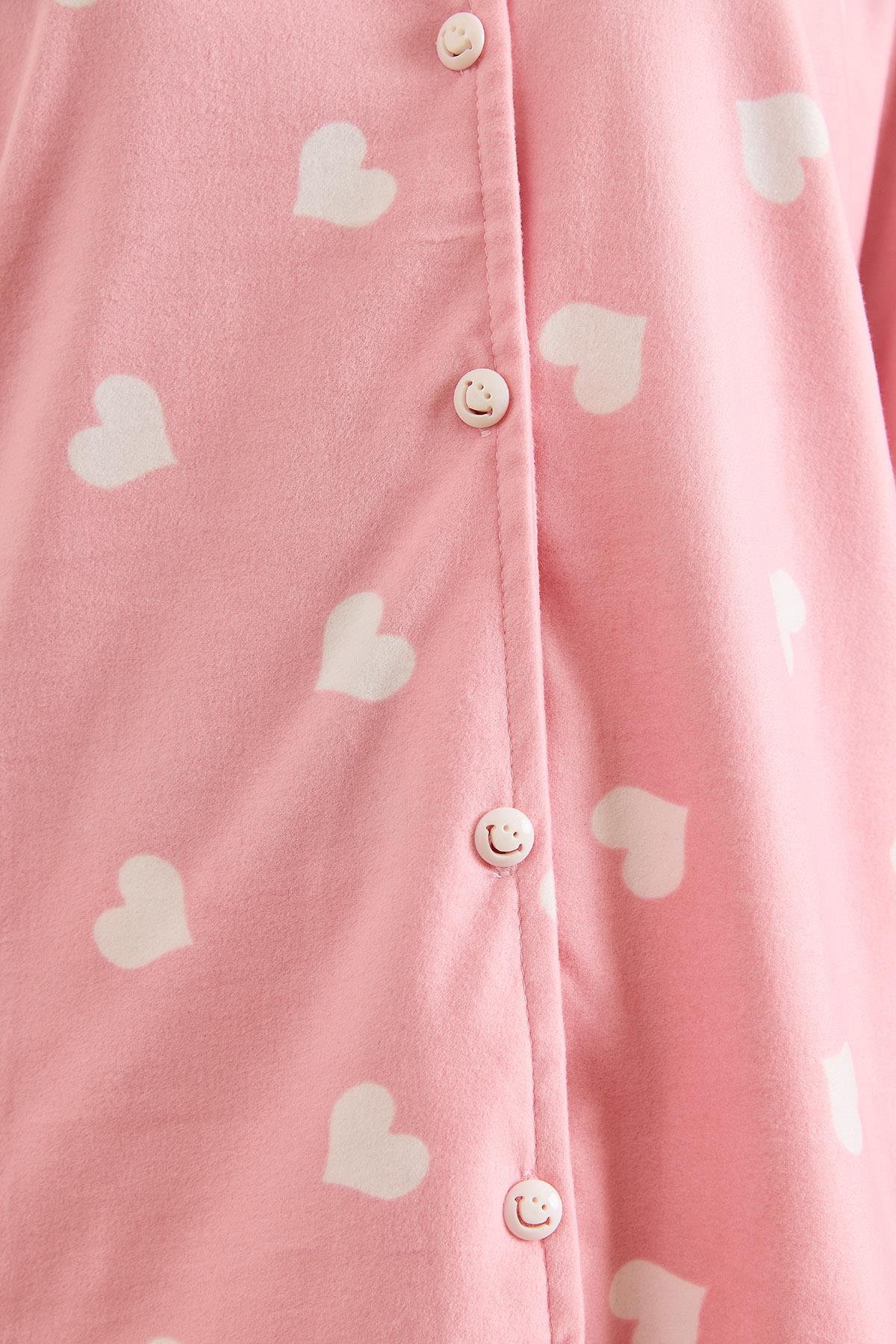 Süet Dokulu Pijama Takımı Pembe Kalp