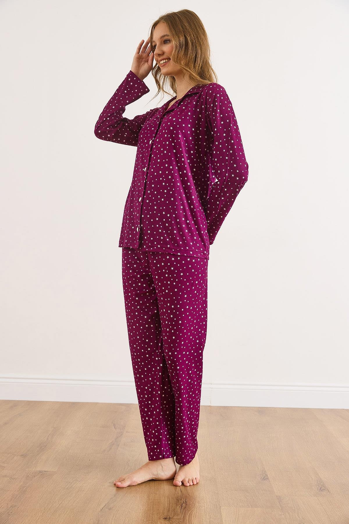 Süet Dokulu Pijama Takımı Yıldız Mor