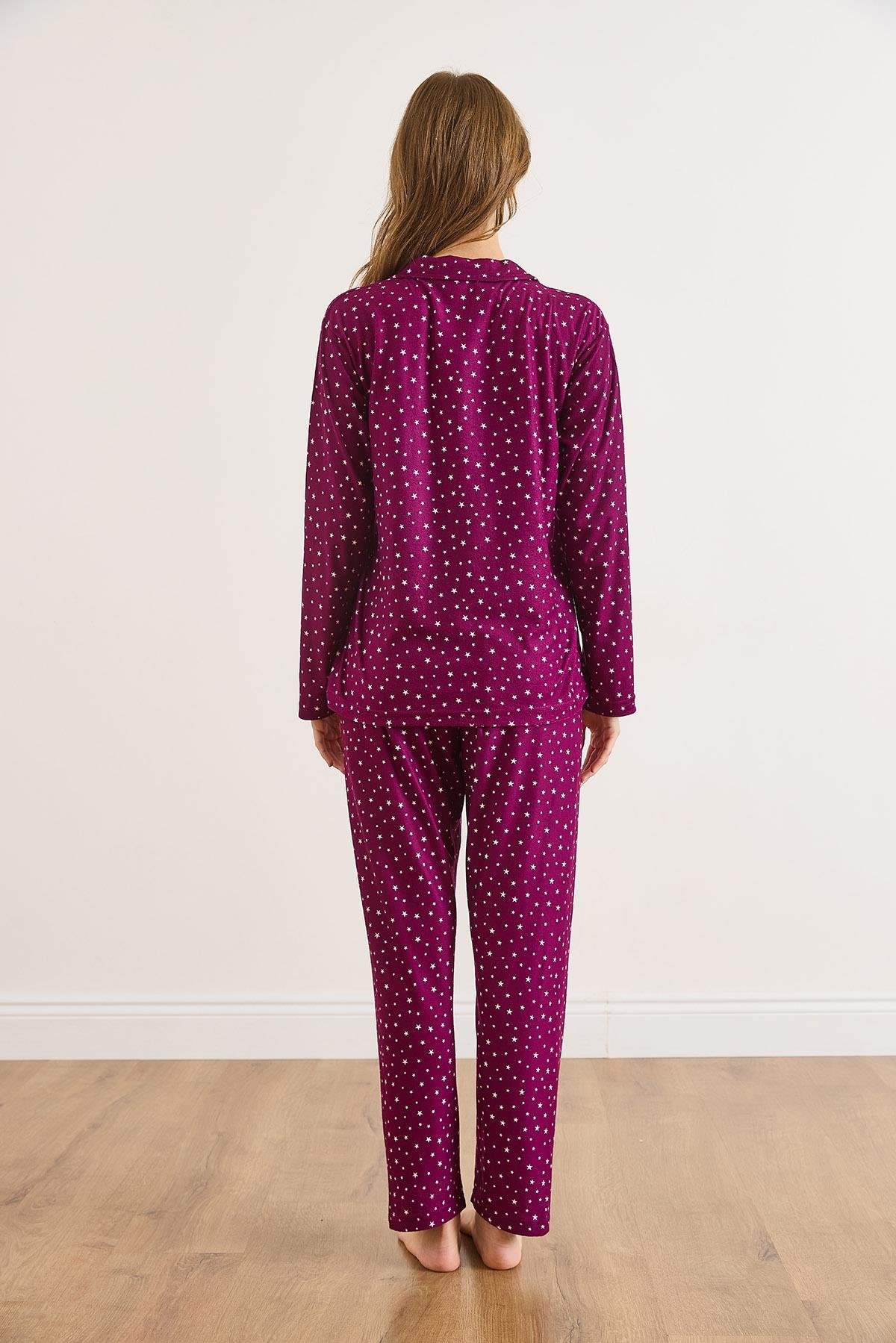 Süet Dokulu Pijama Takımı Yıldız Mor