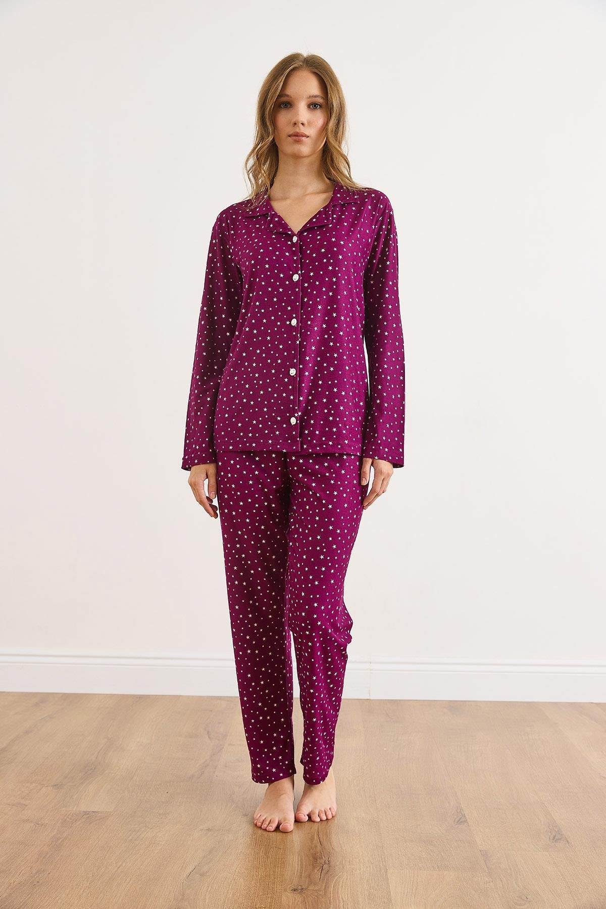 Süet Dokulu Pijama Takımı Yıldız Mor