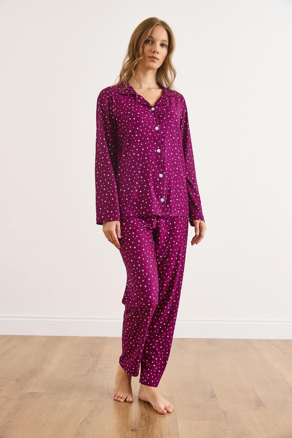 Süet Dokulu Pijama Takımı Yıldız Mor