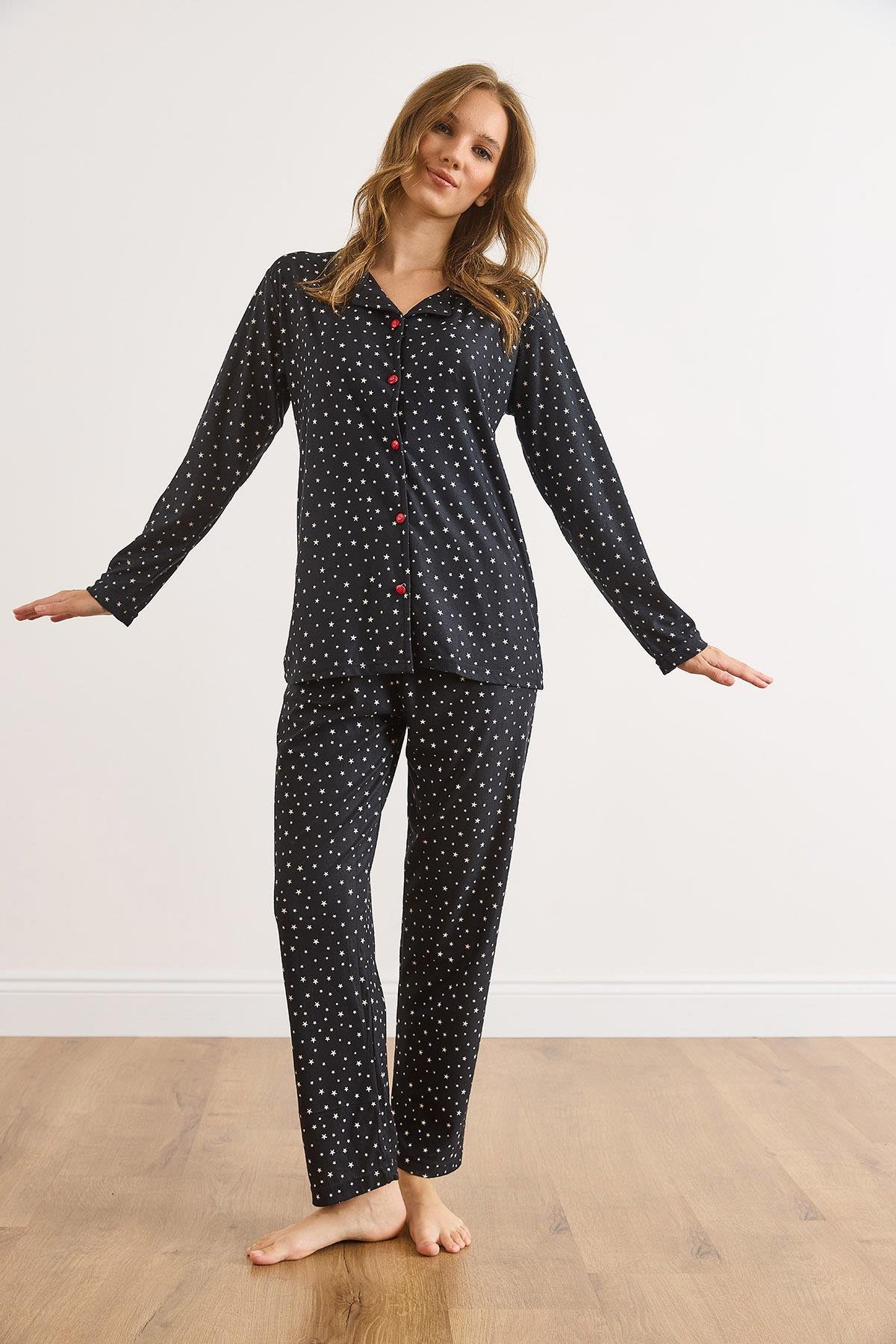 Süet Dokulu Pijama Takımı Yıldız Siyah