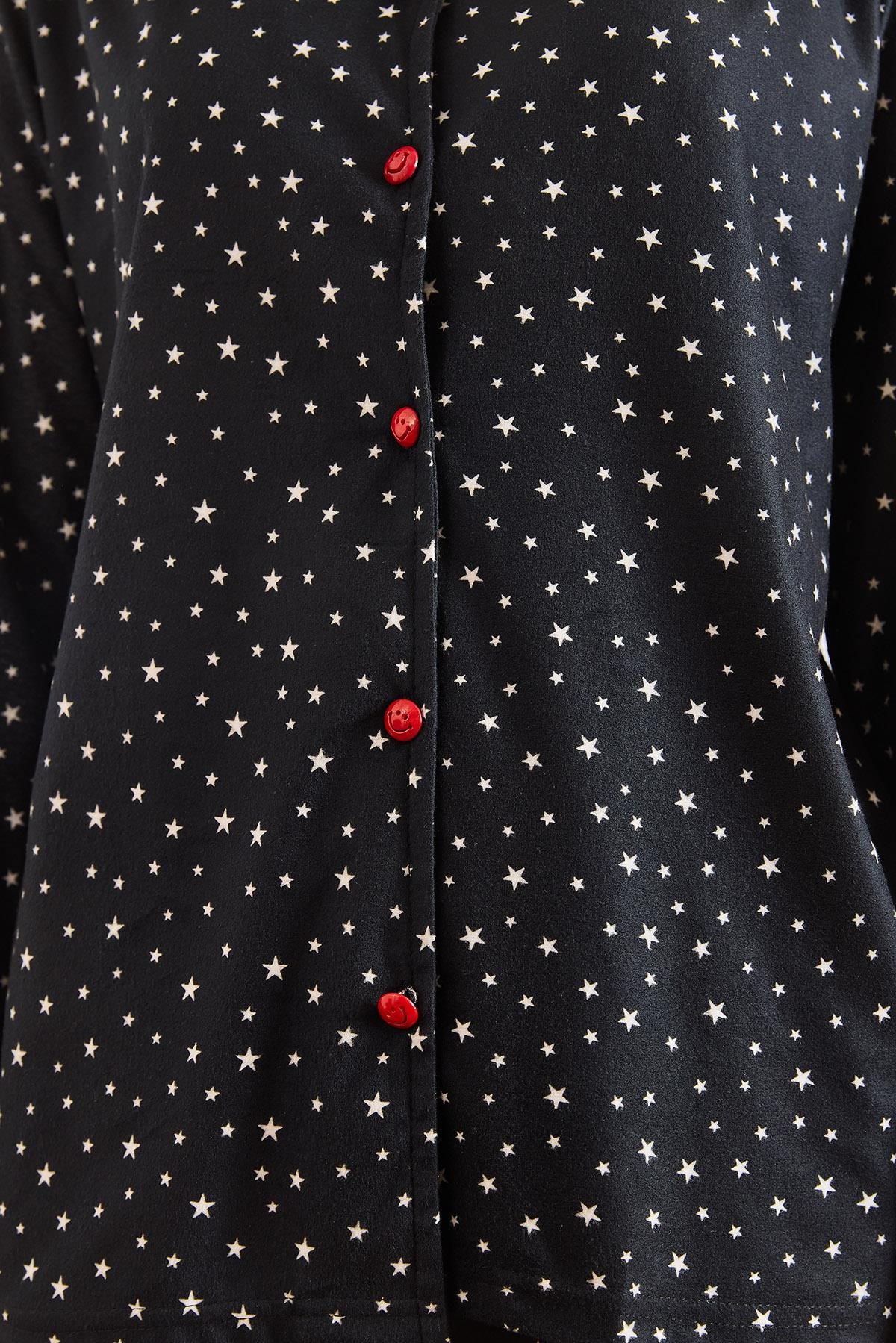 Süet Dokulu Pijama Takımı Yıldız Siyah