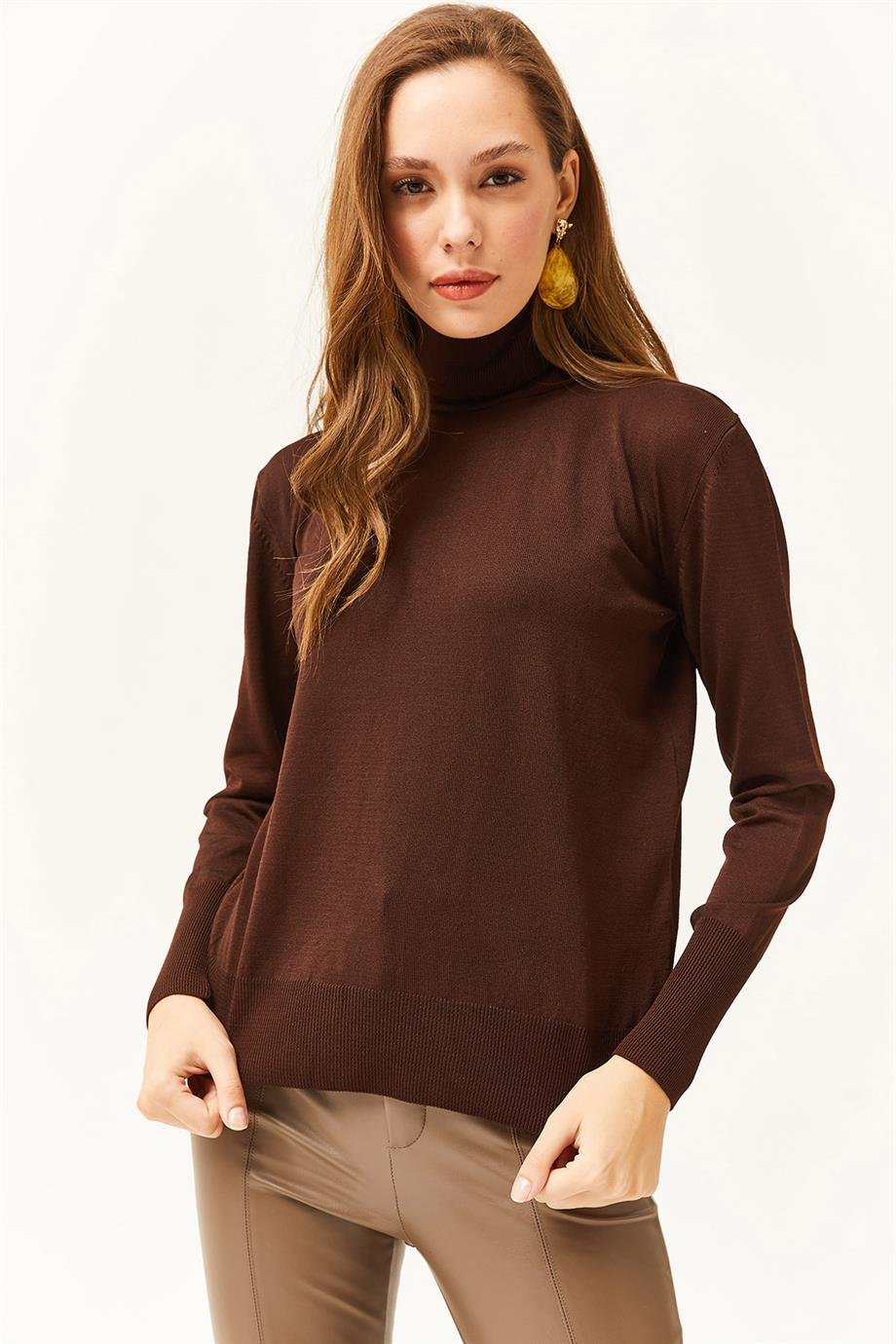 Tam Balıkçı Likralı Triko Kazak Acı Kahve