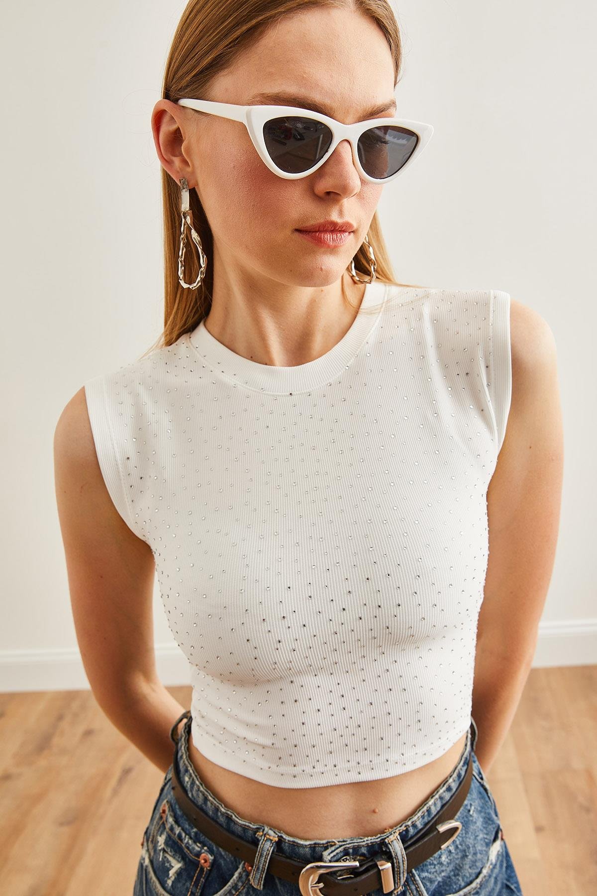 Taş Detaylı Ottoman Crop Bluz Beyaz