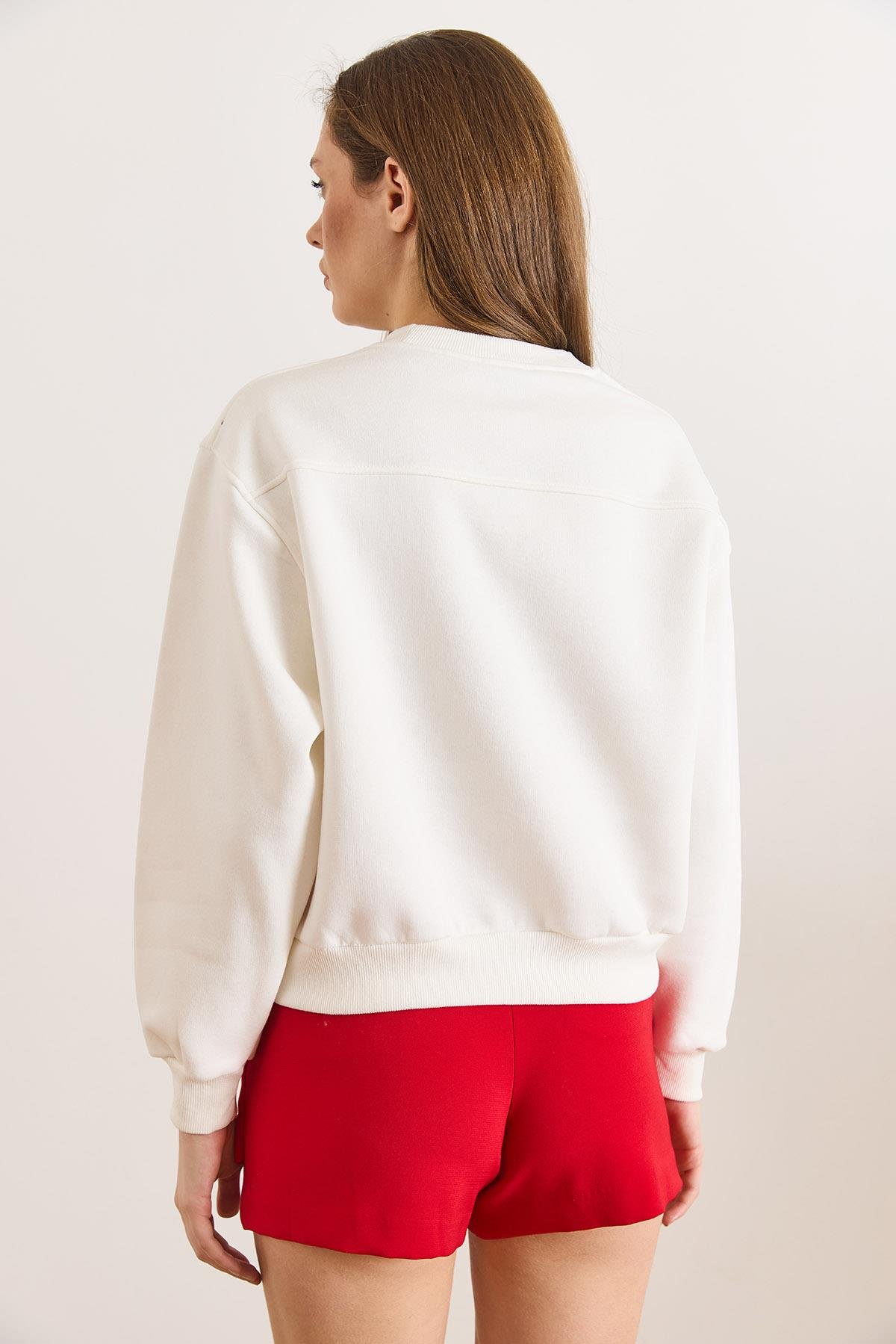 Taş Detaylı Şardonlu Kalın Sweatshirt Beyaz
