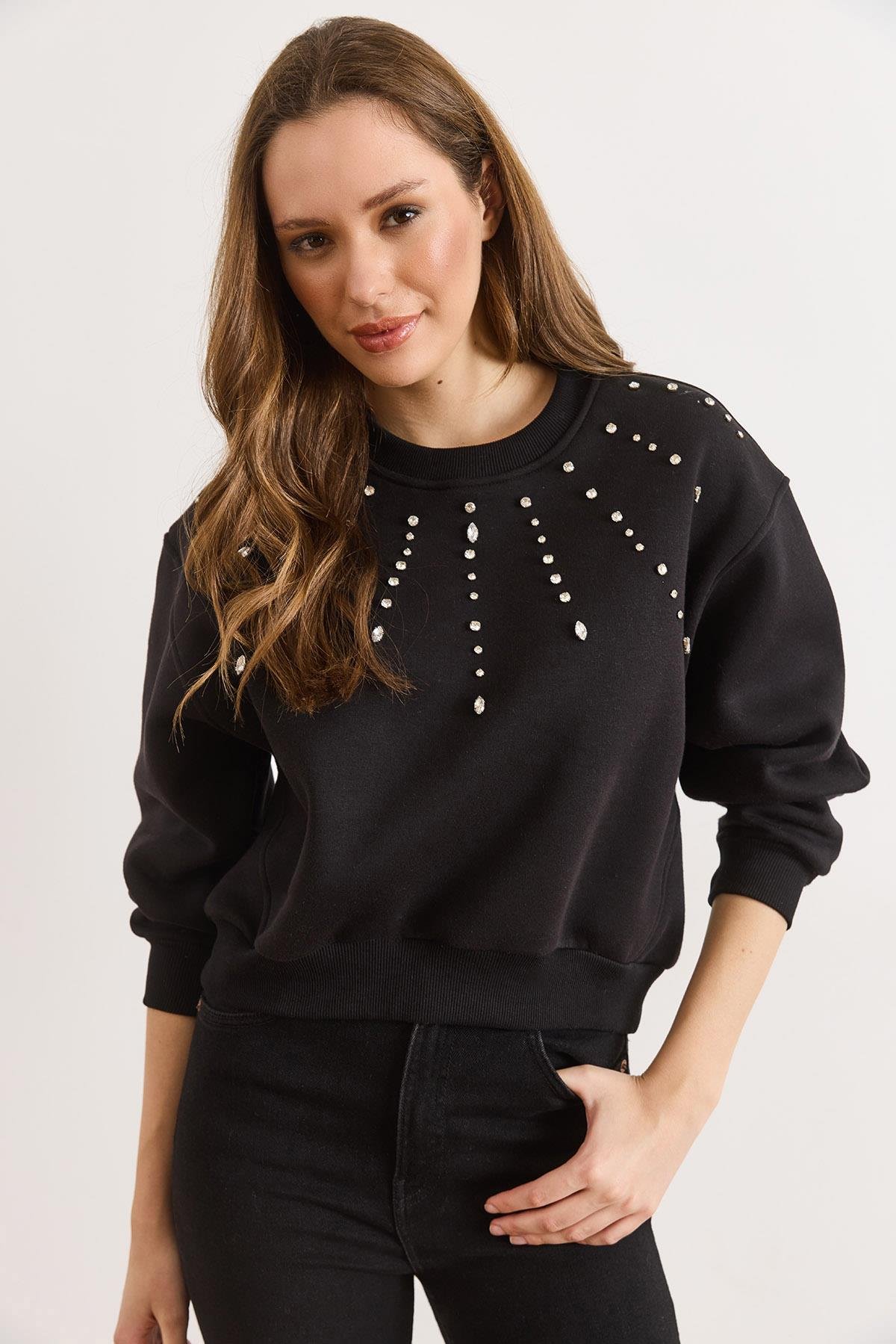 Taş Detaylı Şardonlu Kalın Sweatshirt Siyah