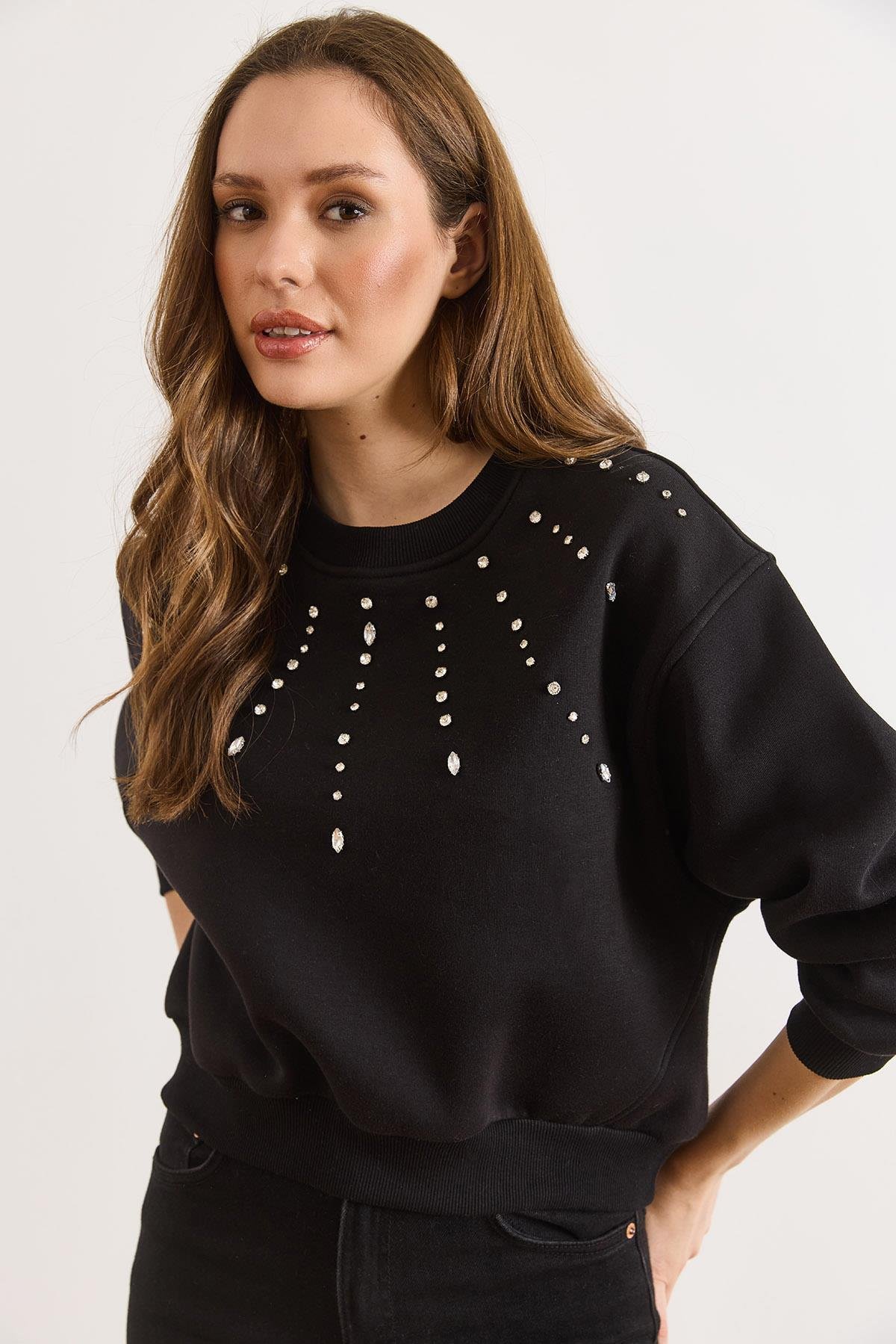 Taş Detaylı Şardonlu Kalın Sweatshirt Siyah