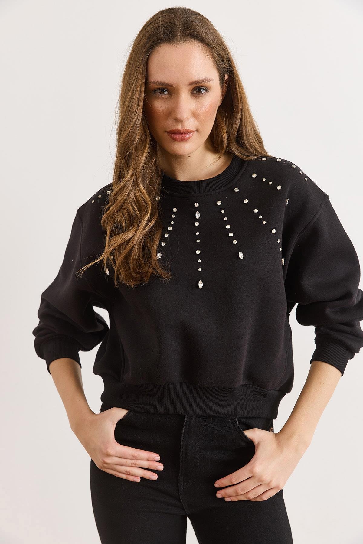 Taş Detaylı Şardonlu Kalın Sweatshirt Siyah