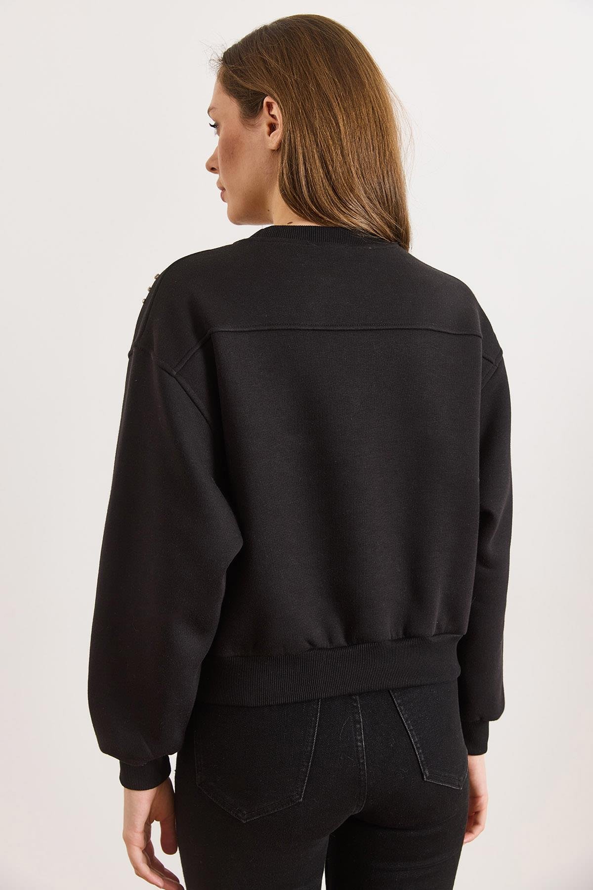 Taş Detaylı Şardonlu Kalın Sweatshirt Siyah