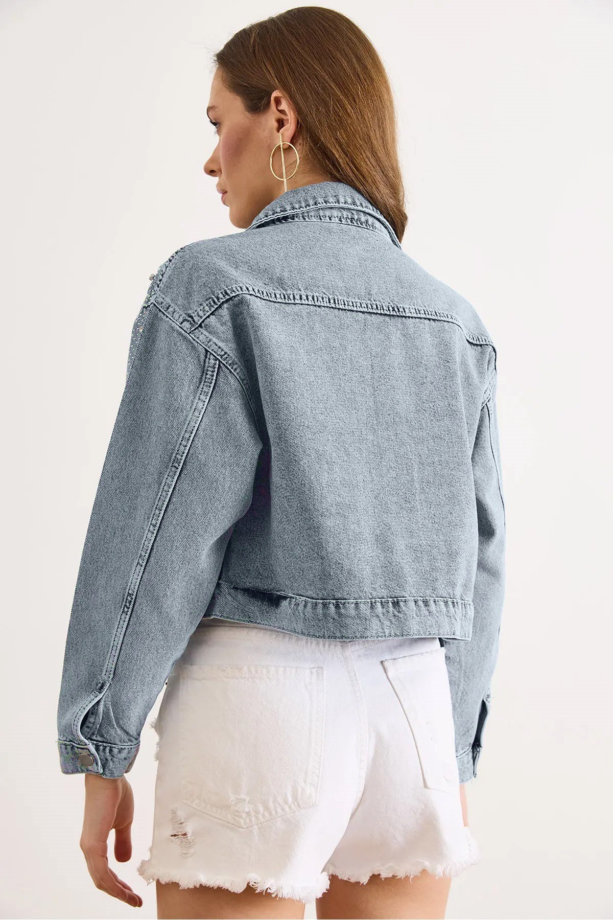 Taş Payet Detaylı Yıkanmış Crop Denim Ceket Açık Mavi