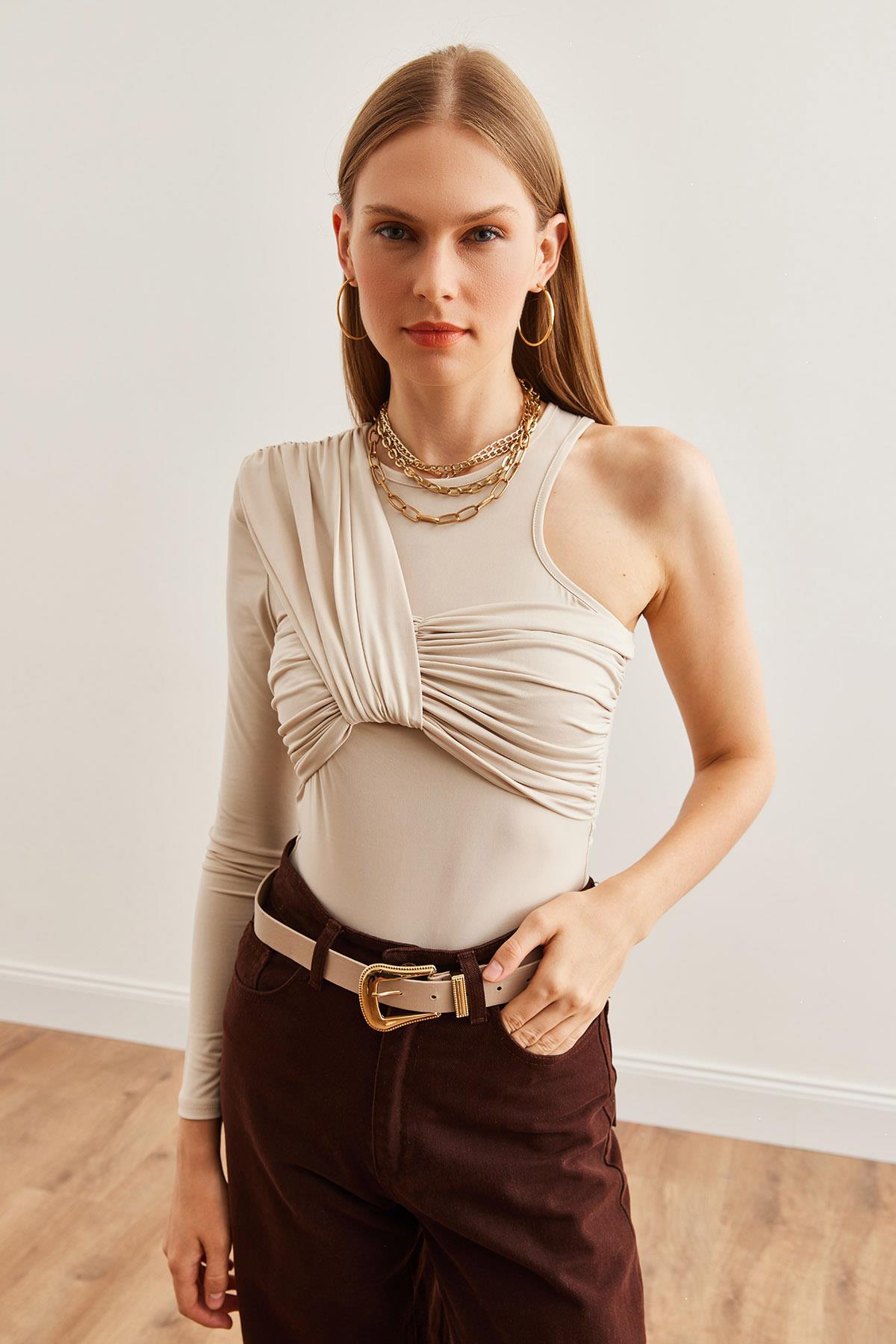 Tasarım Altı Çıtçıtlı Bodysuit Taş