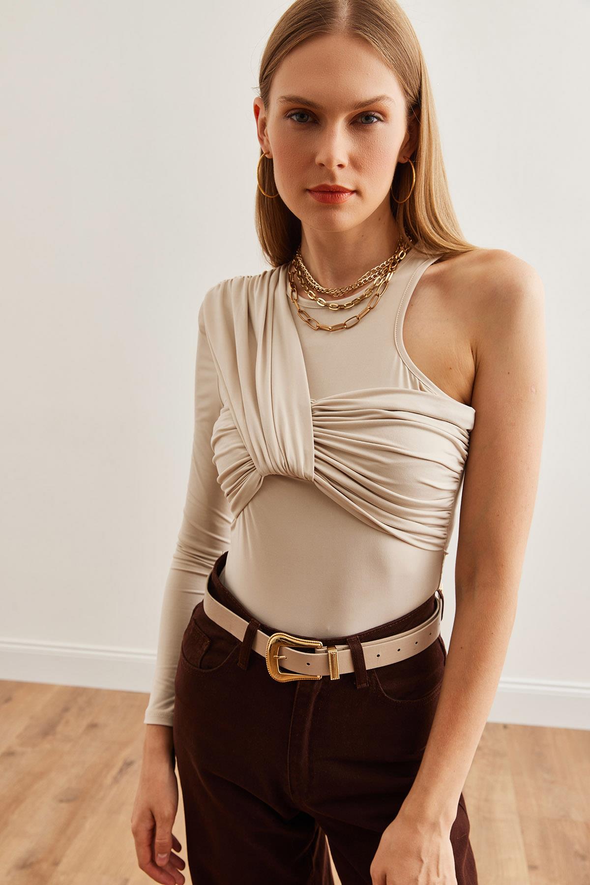 Tasarım Altı Çıtçıtlı Bodysuit Taş