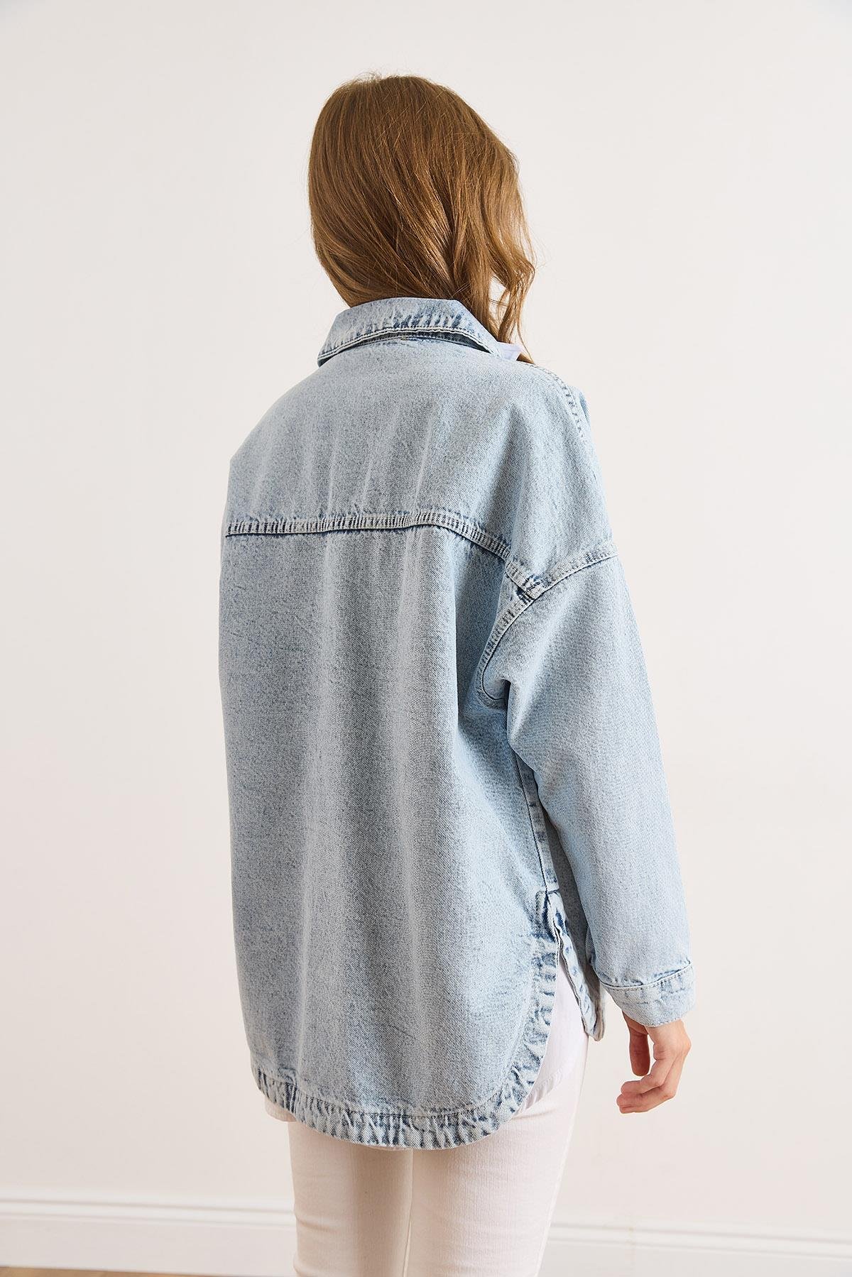 Tek Cepli Ayıcık Nakışlı Denim Ceket Açık Mavi