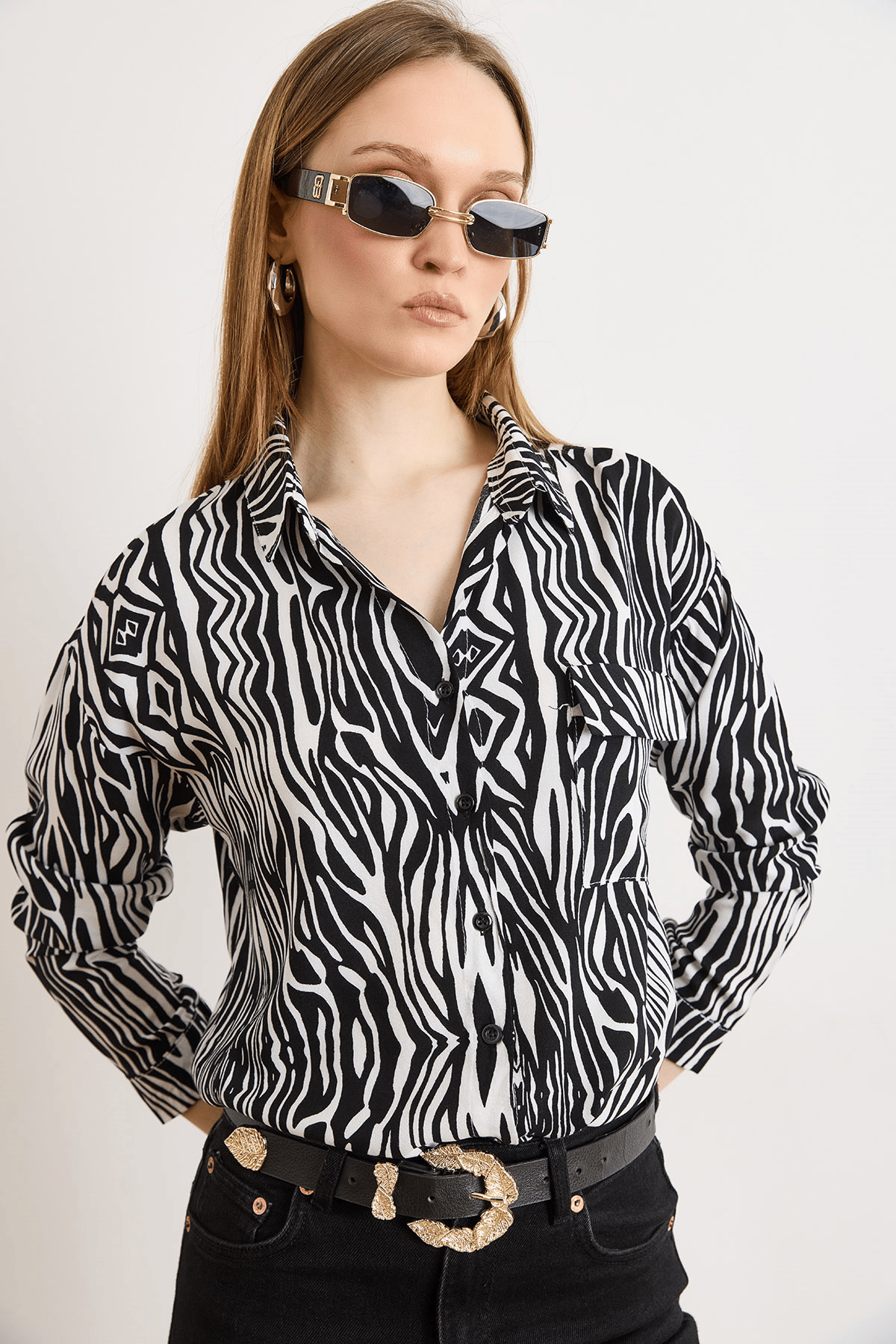 Tek Cepli Dokuma Viscon Gömlek Zebra Siyah
